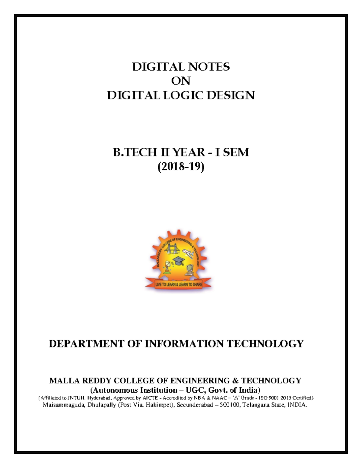 01. Digital Logic Design - DIGITAL NOTES ON DIGITAL LOGIC DESIGN B II ...