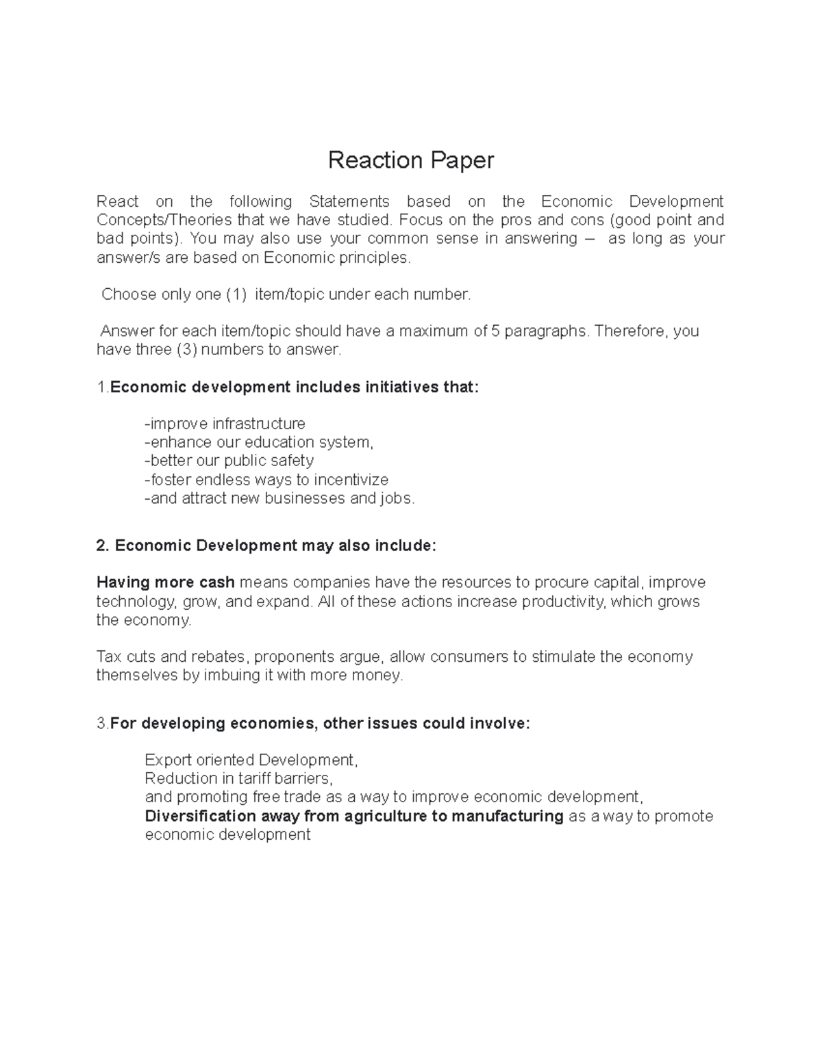 Assignment Ed Reaction Paper Economic Development 04 May 2022 Reaction Paper React On The 5717