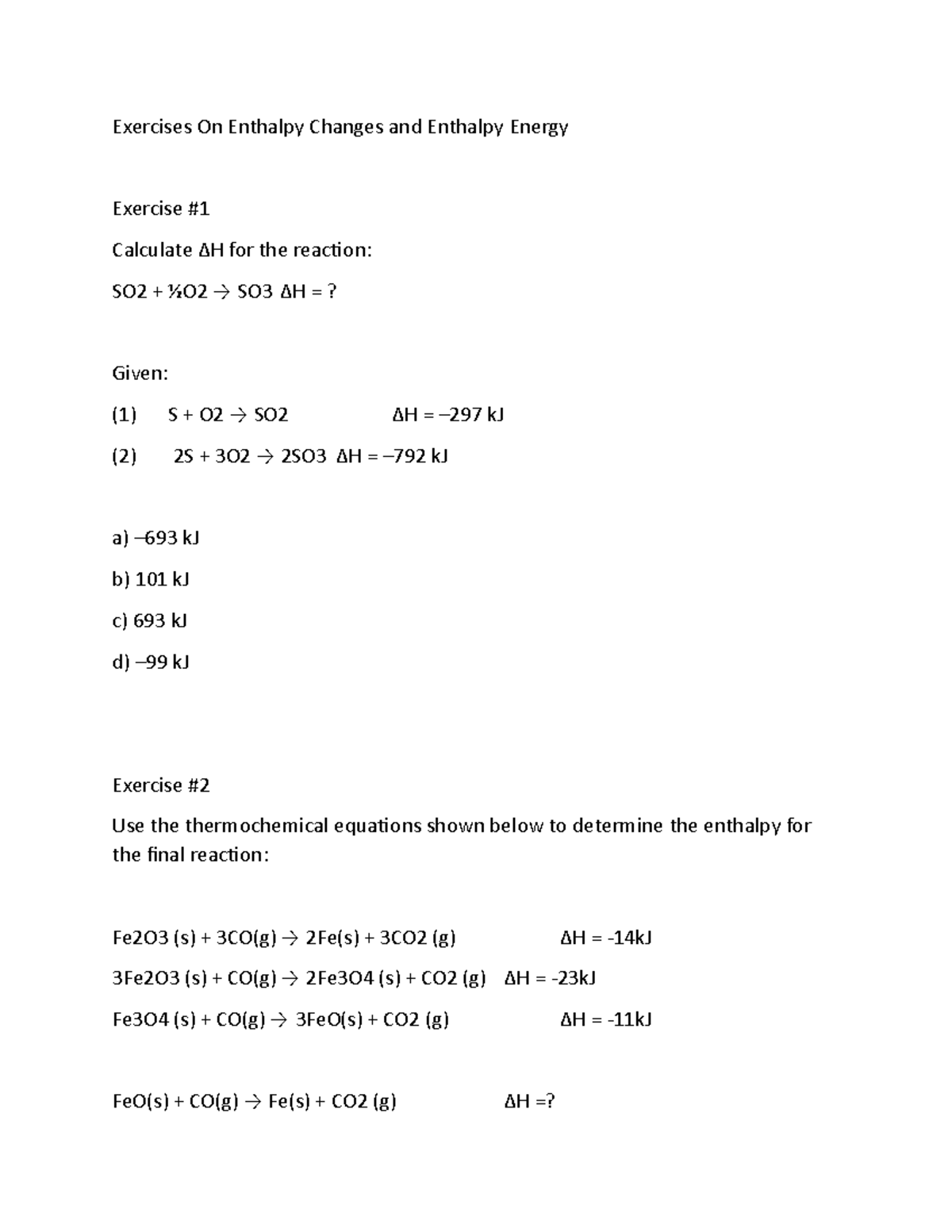 246 - Exercises On Enthalpy Changes And Enthalpy Energy - Exercises On ...