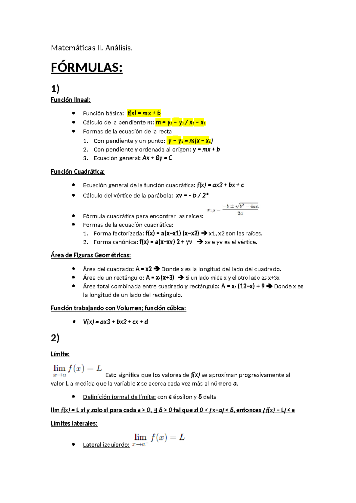 Matemáticas II Fórmulas M1 - Matemáticas II. Análisis. FÓRMULAS: 1 ...
