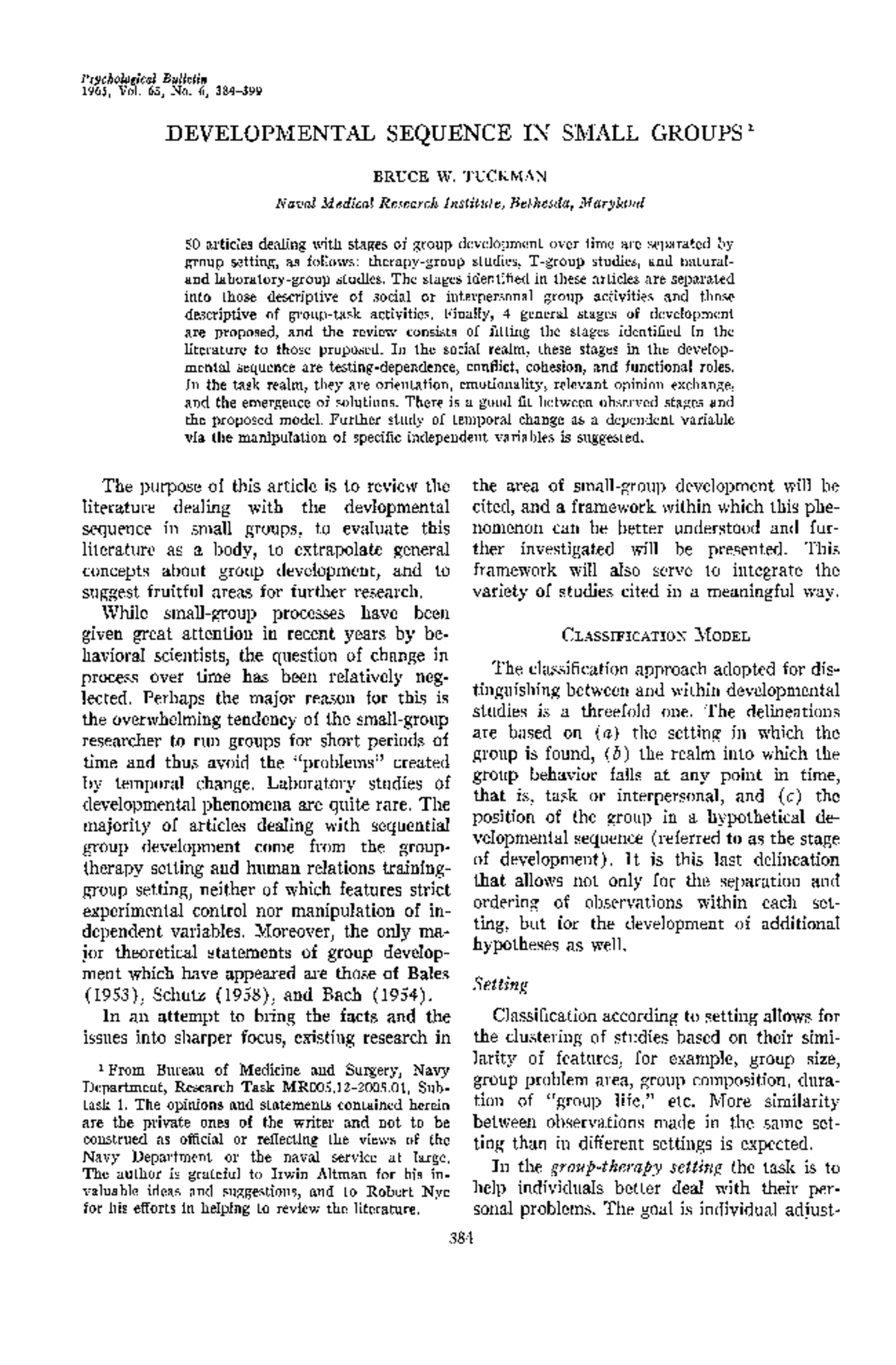 Tuckman, B. W. (1965) - Developmental sequence in small groups ...