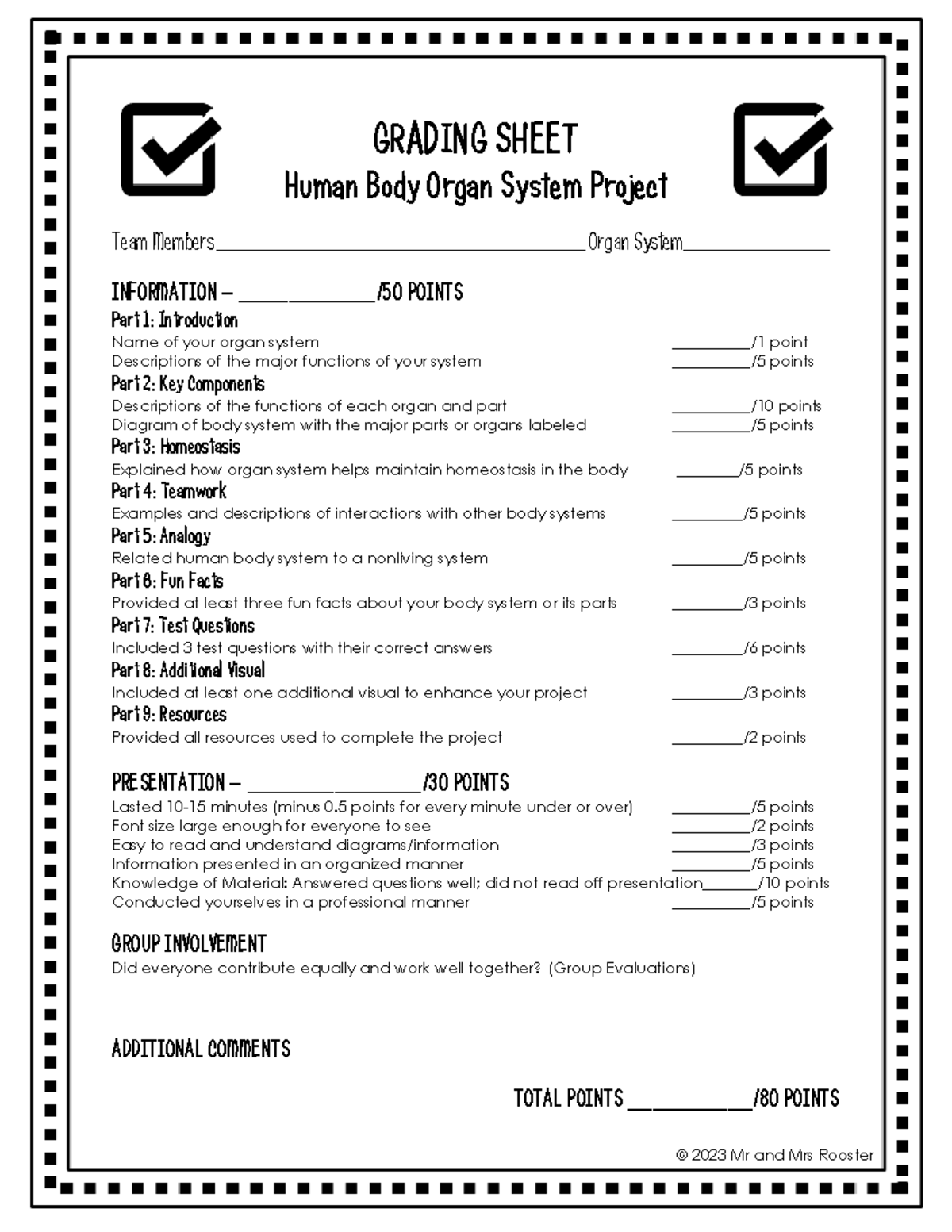Rubric for Human Body Organ System Project - Mr and Mrs Rooster ...