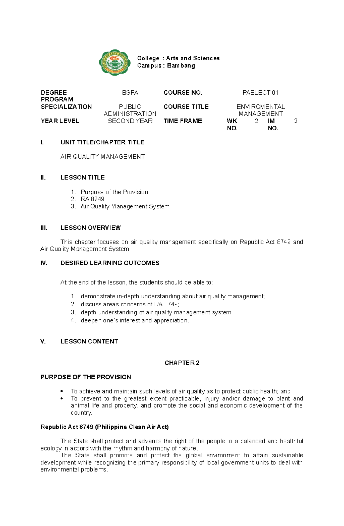 Module 2 Air Quality Management - College : Arts and Sciences Campus ...