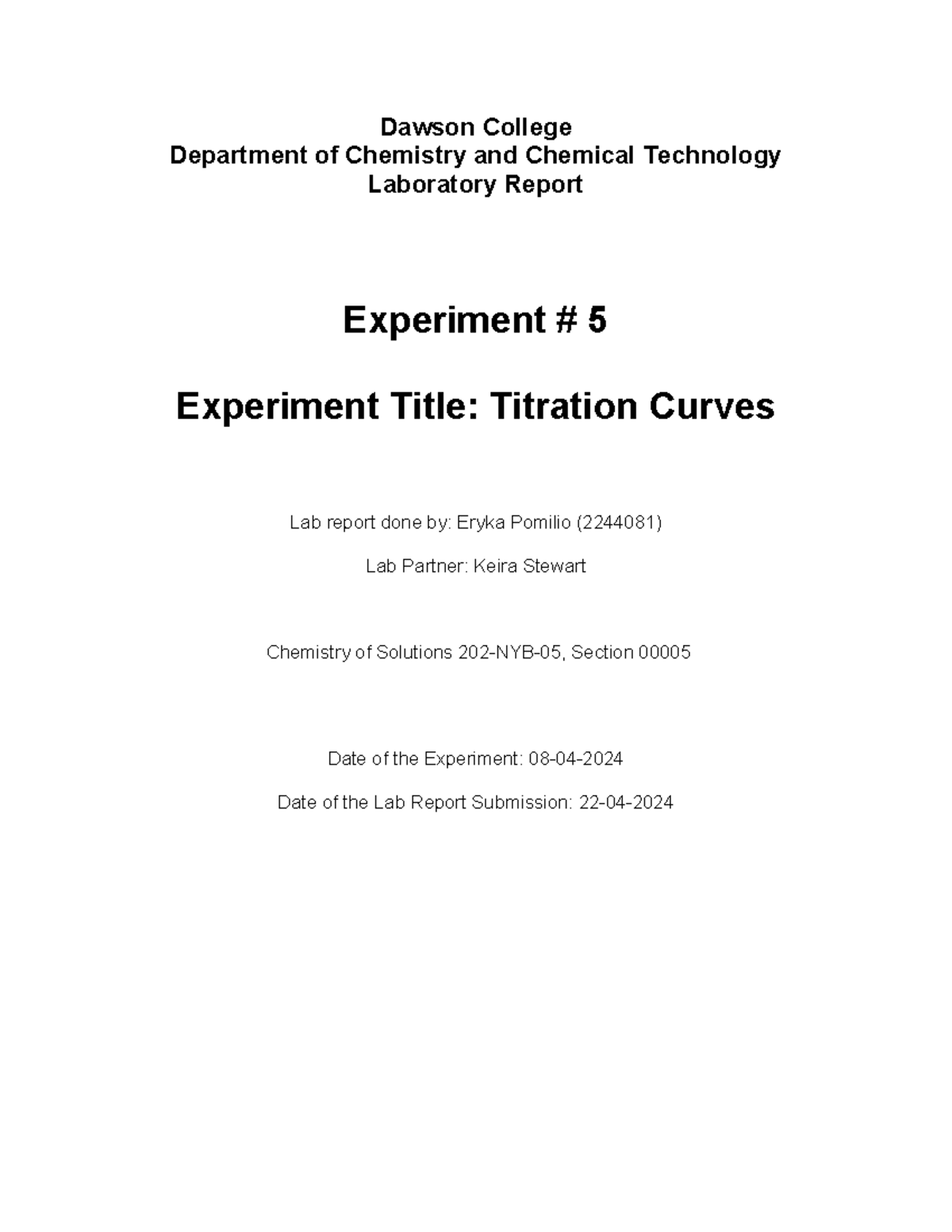 Titration curves lab lab Dawson College Department of Chemistry and