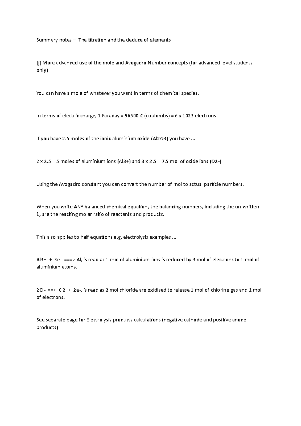 Summary notes The titration and the deduce of elements In terms of