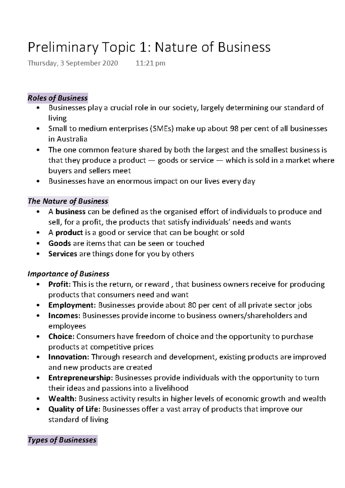 Preliminary Topic 1 Nature of Business - Studocu