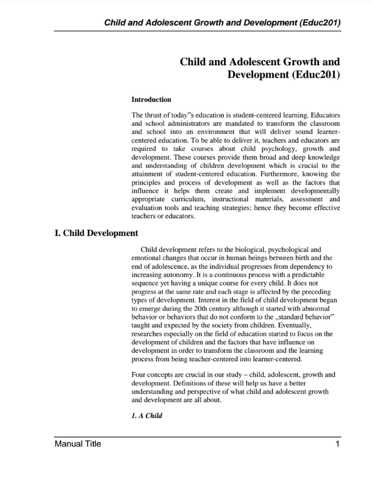 EDUC 201 Intro Child Adolescent and Develpmnt - Child and Adolescent ...