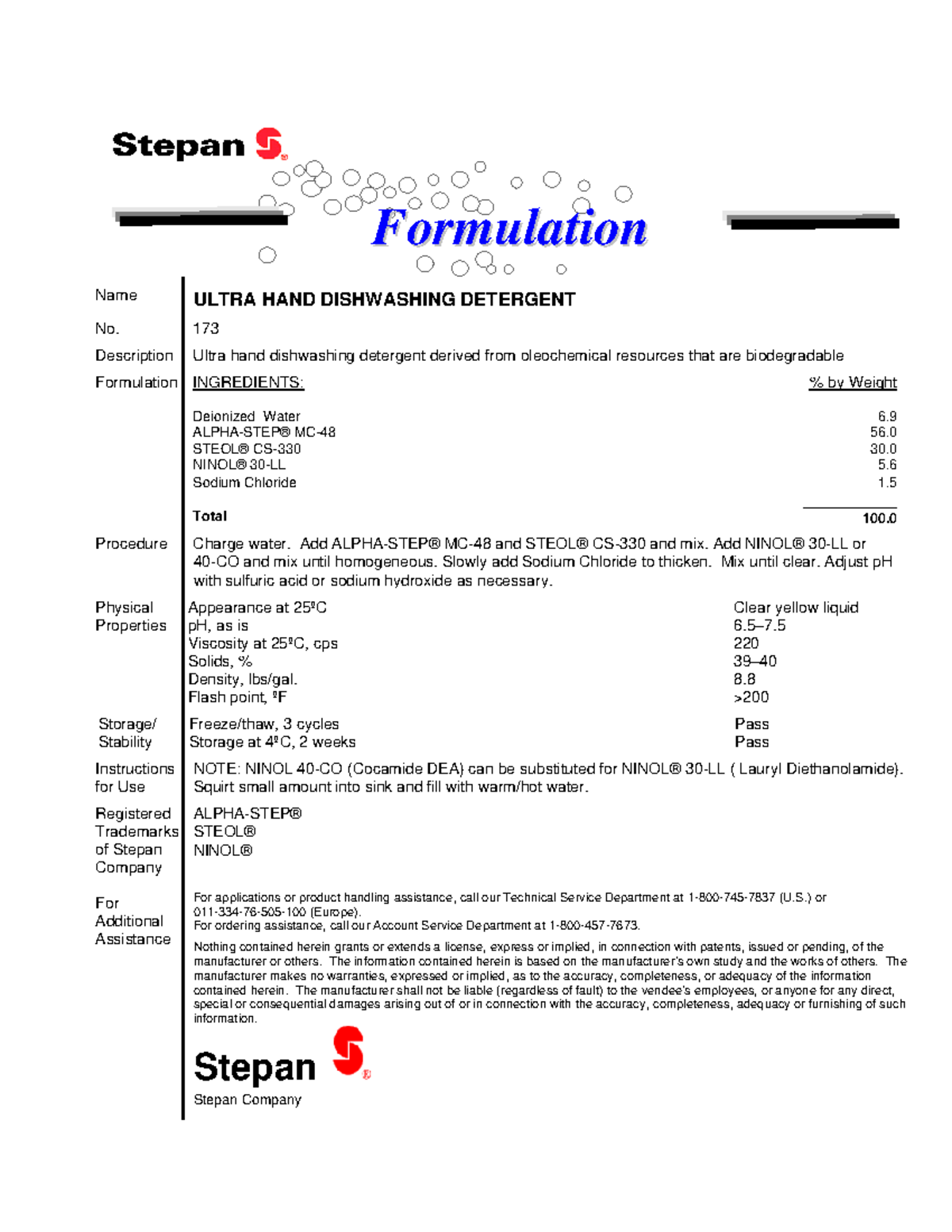 Stepan Formulation 173 FFoorrmmuullaattiioonn Name ULTRA HAND