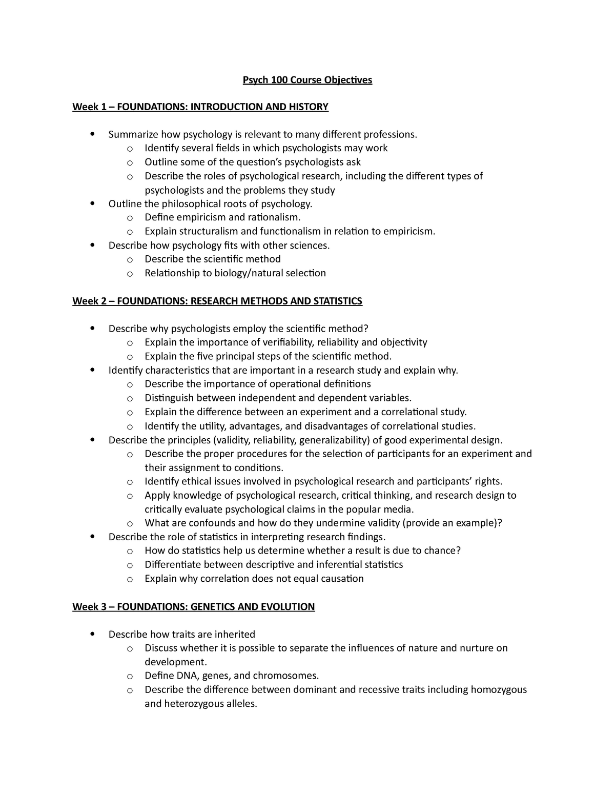 Psych Course Objectives Psych Course Objectives Week FOUNDATIONS INTRODUCTION AND