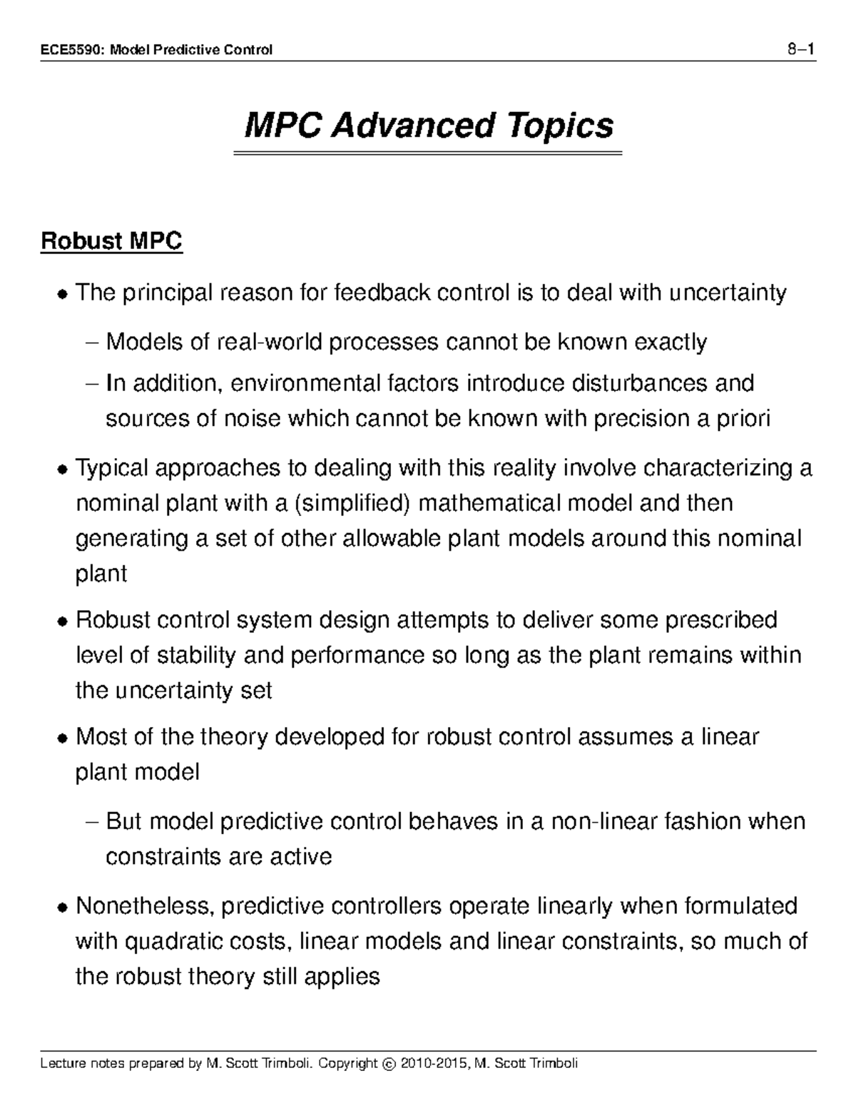 MPC Advanced Topics - 2019-2020 Lecture Notes - ECE5590: Model ...