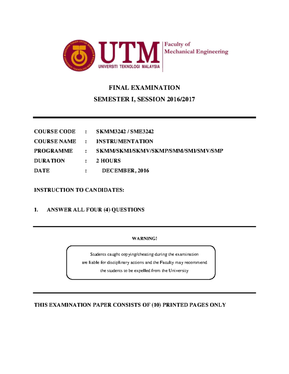 Past exams 2016/2017 - FINAL EXAMINATION SEMESTER I, SESSION 2016/2017 ...