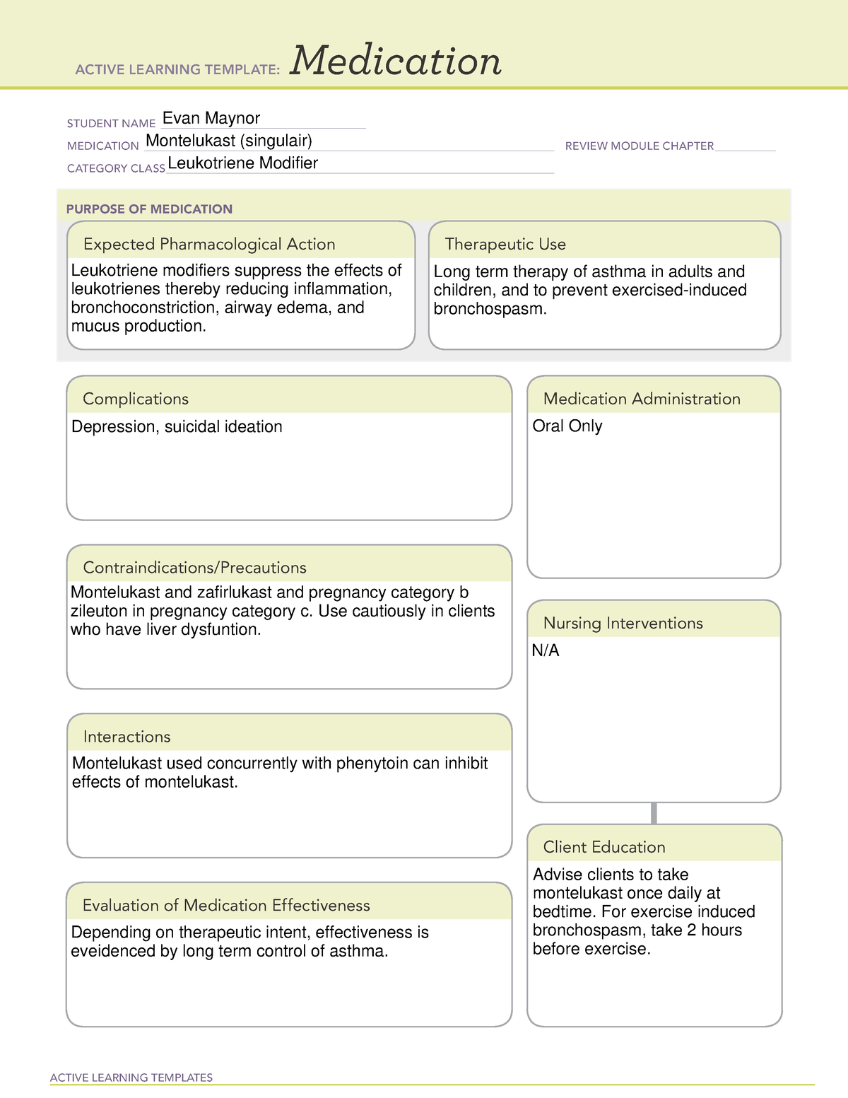 Montelukast Med Sheet ACTIVE LEARNING TEMPLATES Medication STUDENT