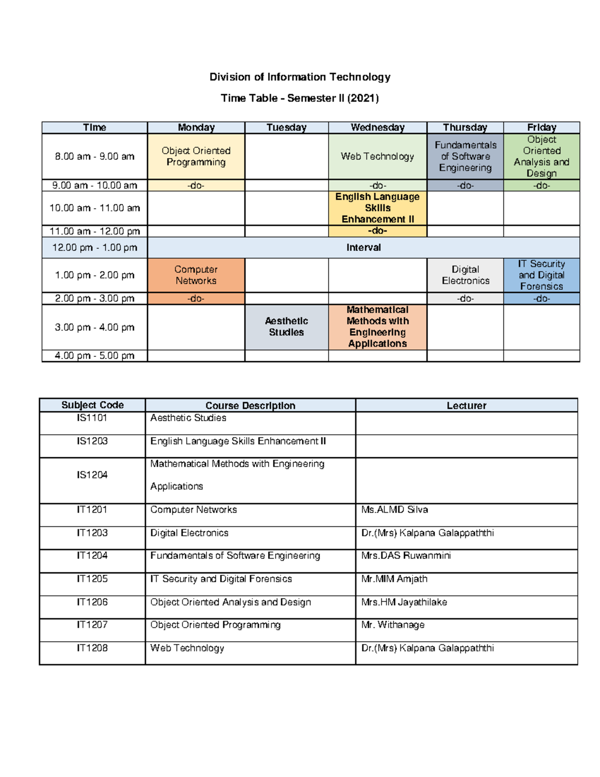 Time Table Semester II - IT Division - Division of Information ...