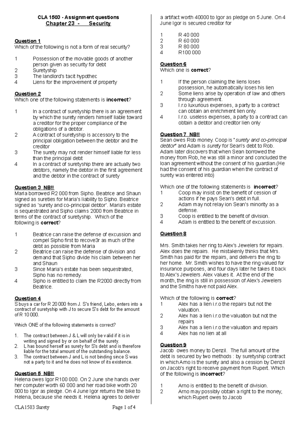 CLA 1503 Chapter 23 Surety questions - CLA 1503 - Assignment questions ...