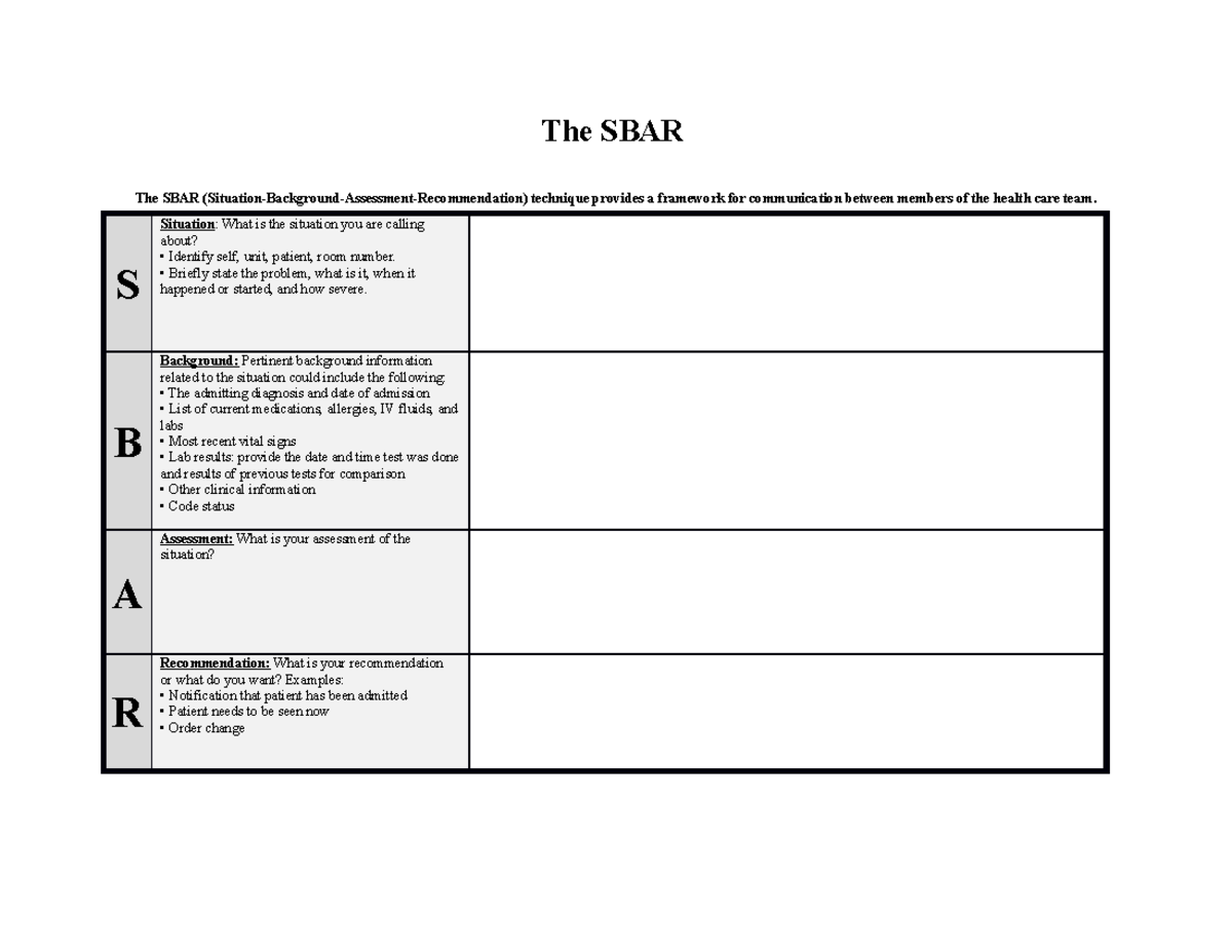 Blank SBAR - sbar - The SBAR The SBAR (Situation-Background-Assessment