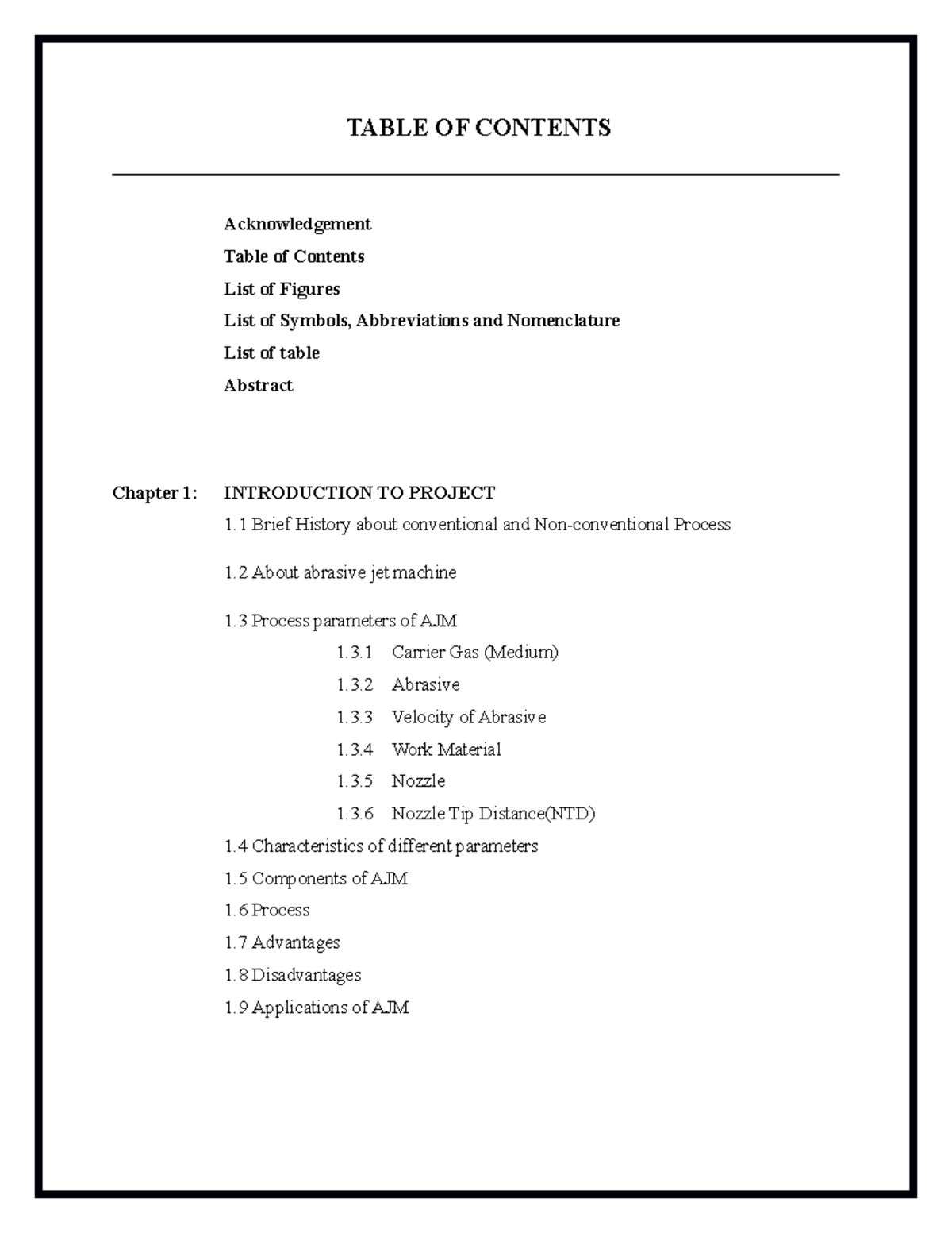 Project Report on Abrasive Jet Machine - TABLE OF CONTENTS ...