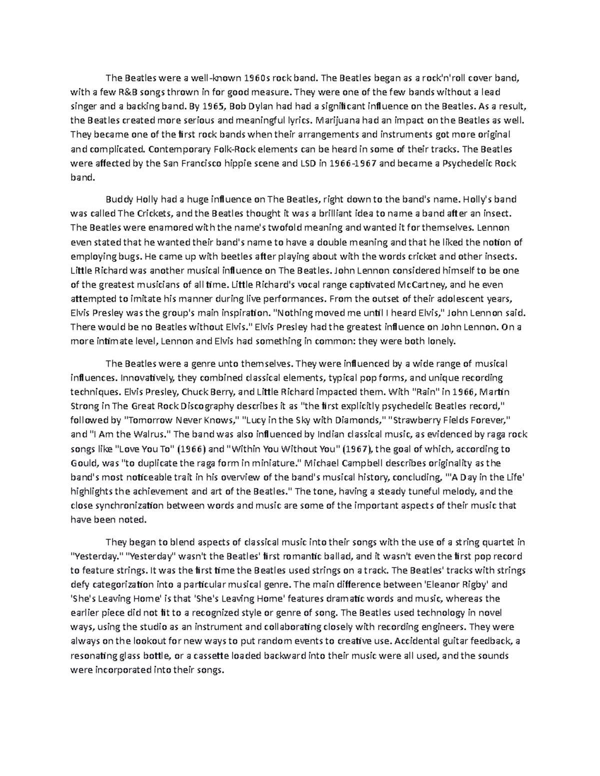 MU184 Exam 2 Essay - The Beatles were a well-known 1960s rock band. The ...