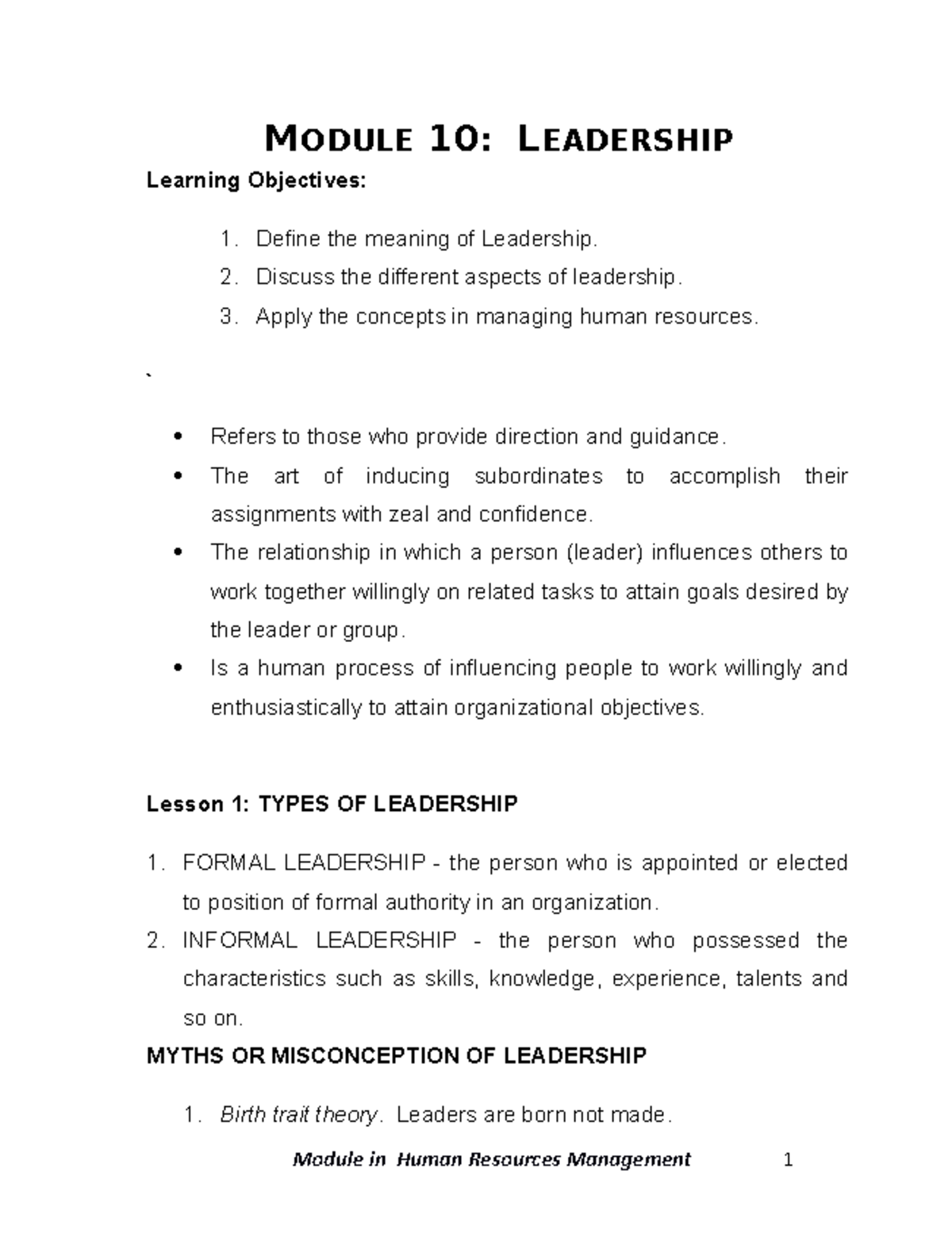 Hrm lecture note module 10 leadership meaning of leadership