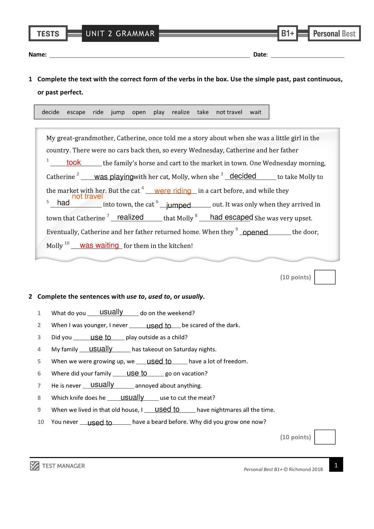 Personal Best B1 Unit 2 Grammar Test - UNIT 2 GRAMMAR 1 Personal Best ...