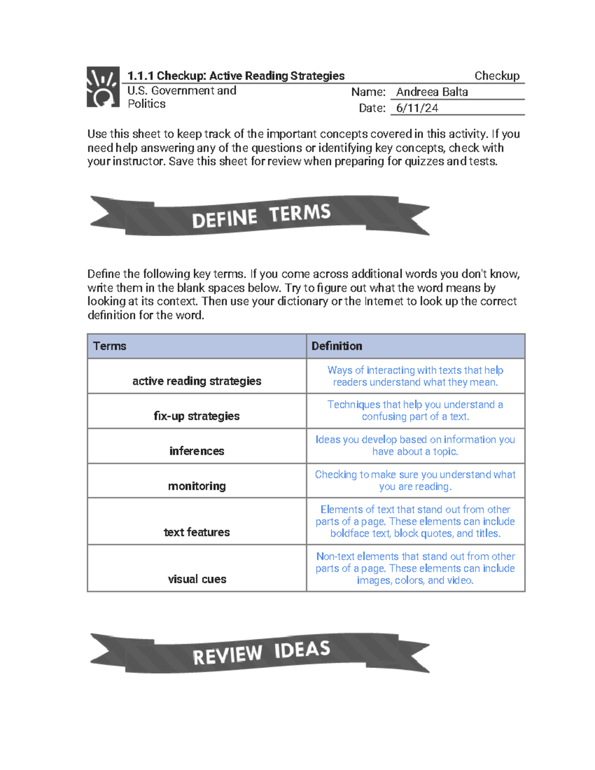 1.1.1 Checkup - Active Reading Strategies (Checkup) - 1.1 Checkup ...