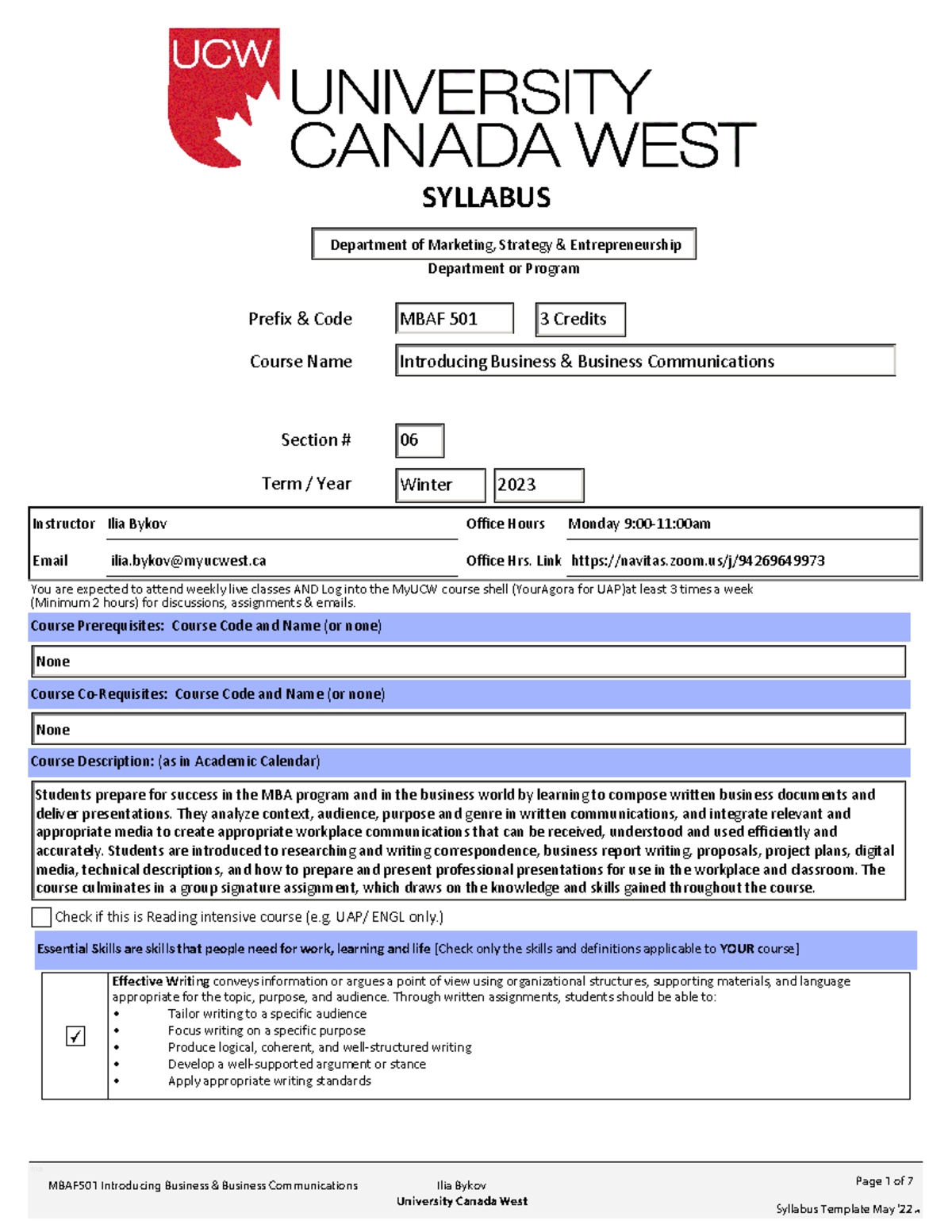MBAF 501-06 Winter 2023 Ilia Bykov - MBAF501 Introducing Business ...