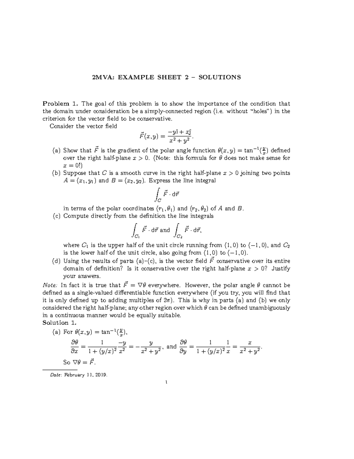 Example Sheet 2 Solutions - 2MVA: EXAMPLE SHEET 2 – SOLUTIONS Problem 1 ...