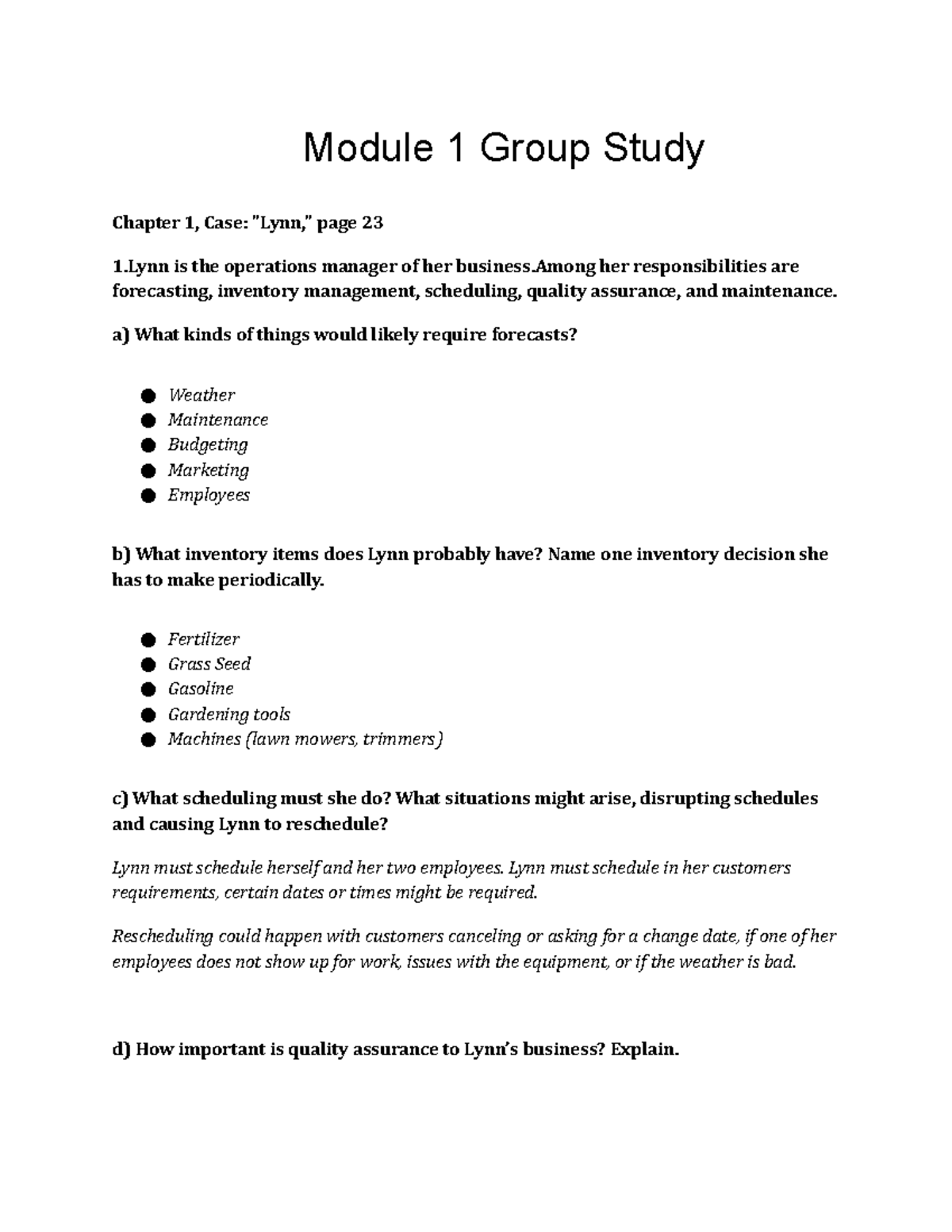 Module 1- Group Study - Module 1 Group Study Chapter 1, Case: "Lynn ...