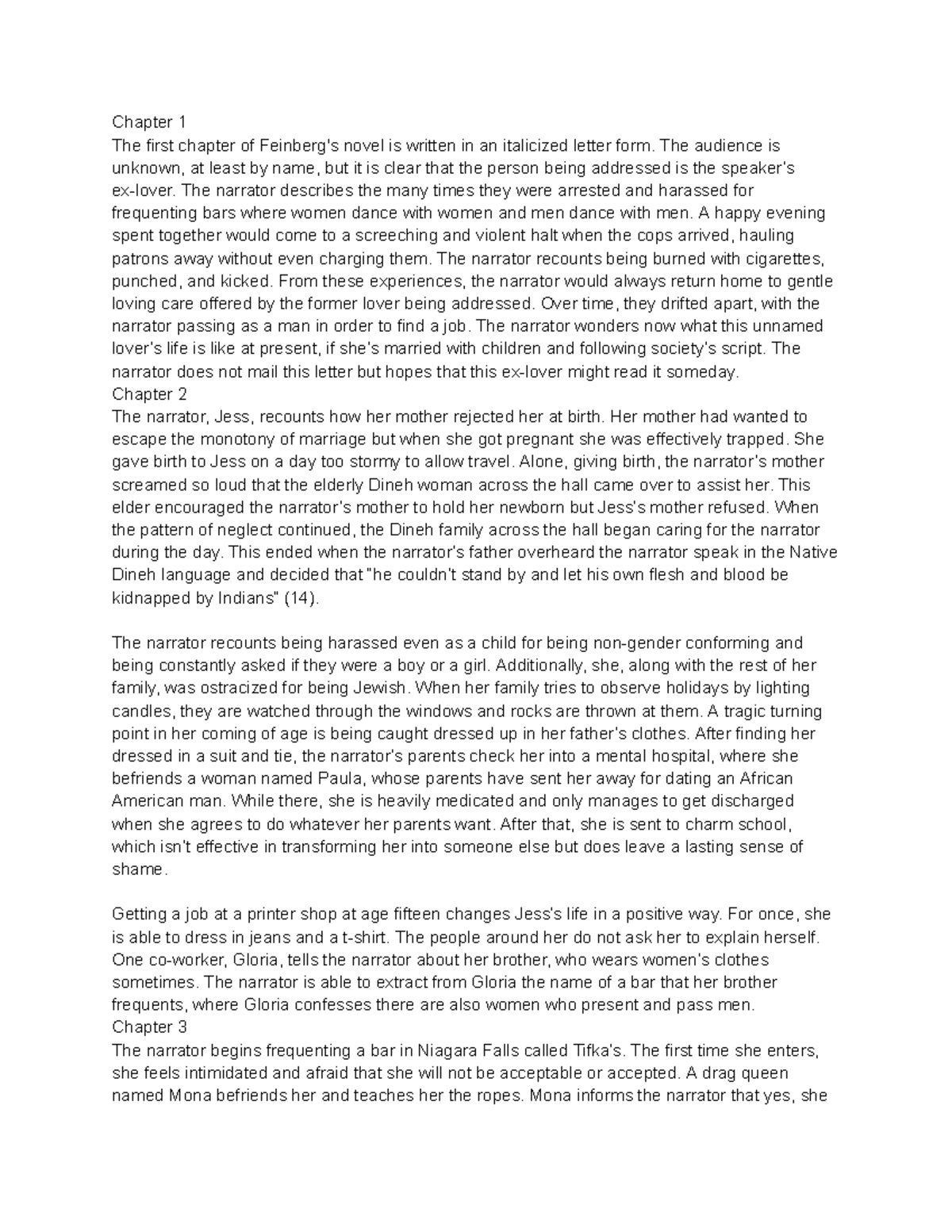 Stone Butch Blues Summaries (Chapters 1 11) Google Docs Chapter 1