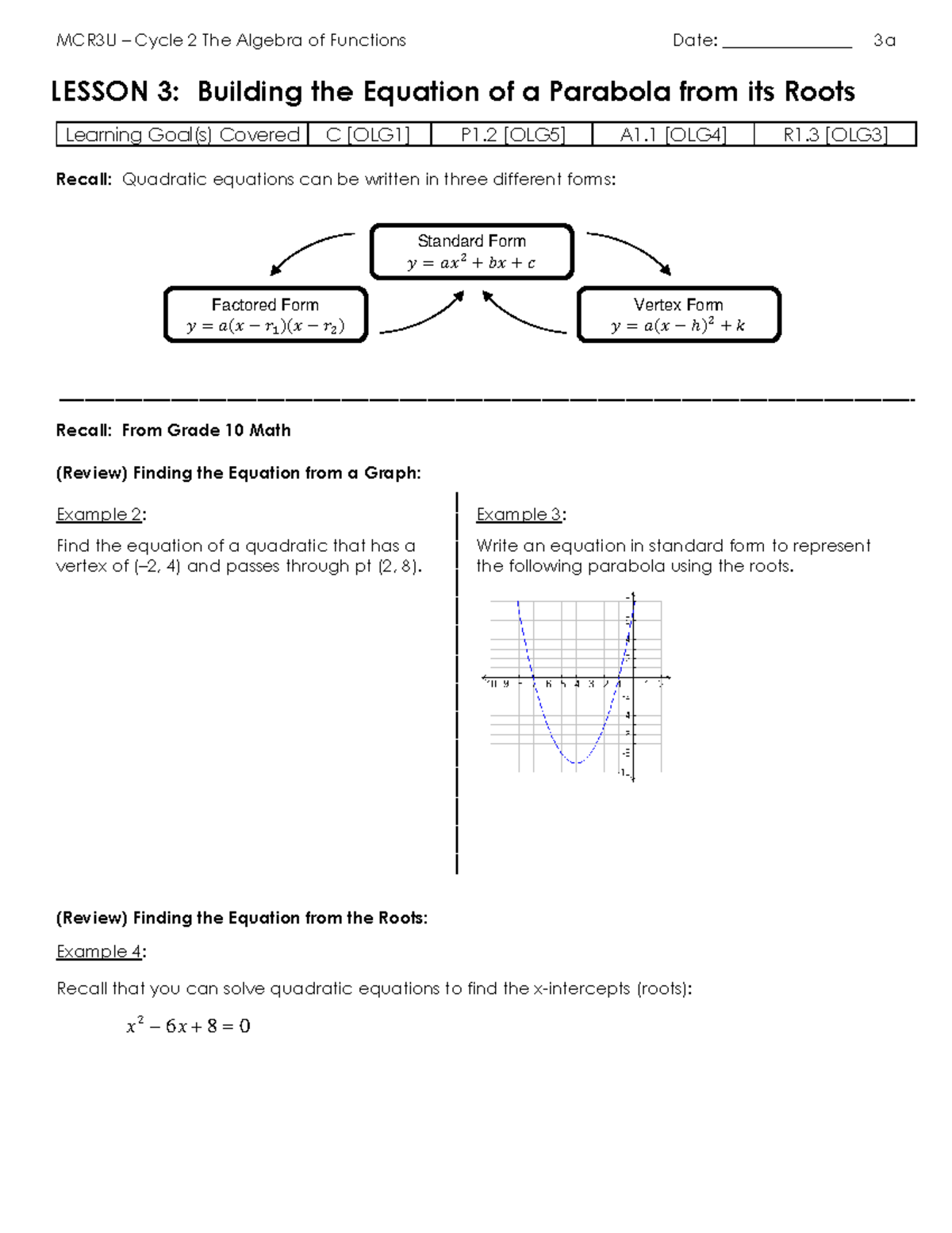 C2 - 3a - Building Equations of Parabolas from Roots Lesson - MCR3U ...