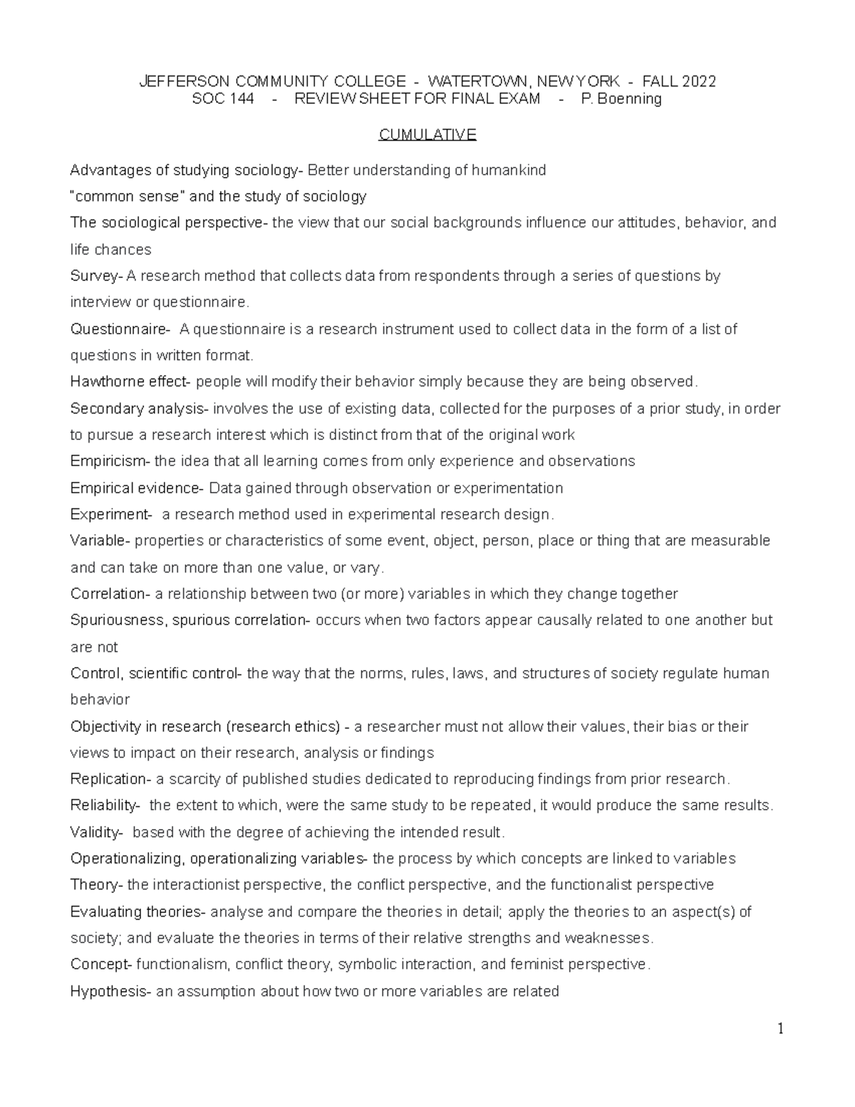 Soc 144 - Final exam - Review sheet - Fall 22 - JEFFERSON COMMUNITY ...