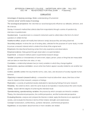 Soc 144 - Final exam - Review sheet - Fall 22
