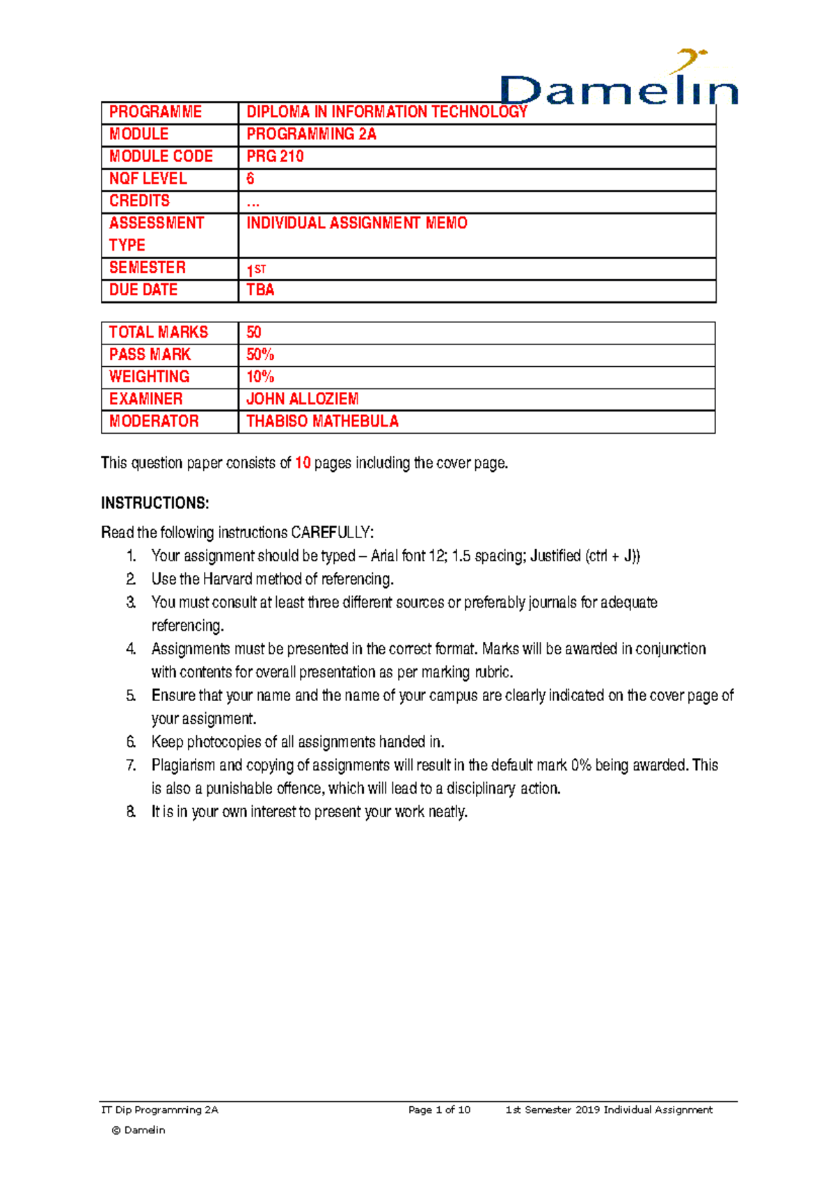 Progra 1-converted - notes - emover. IT Dip Programming 2A © Damelin ...