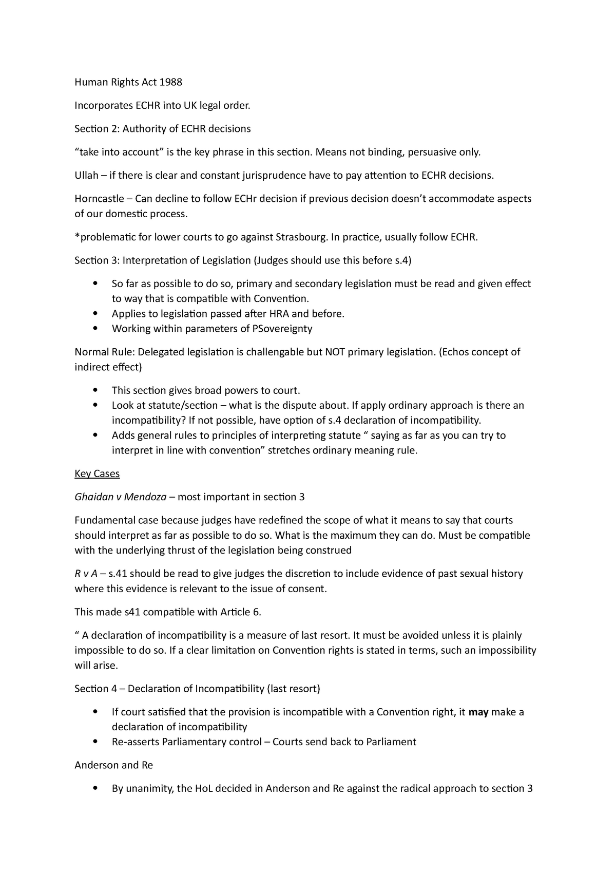 HRA notes - Human Rights Act 1988 Incorporates ECHR into UK legal order ...