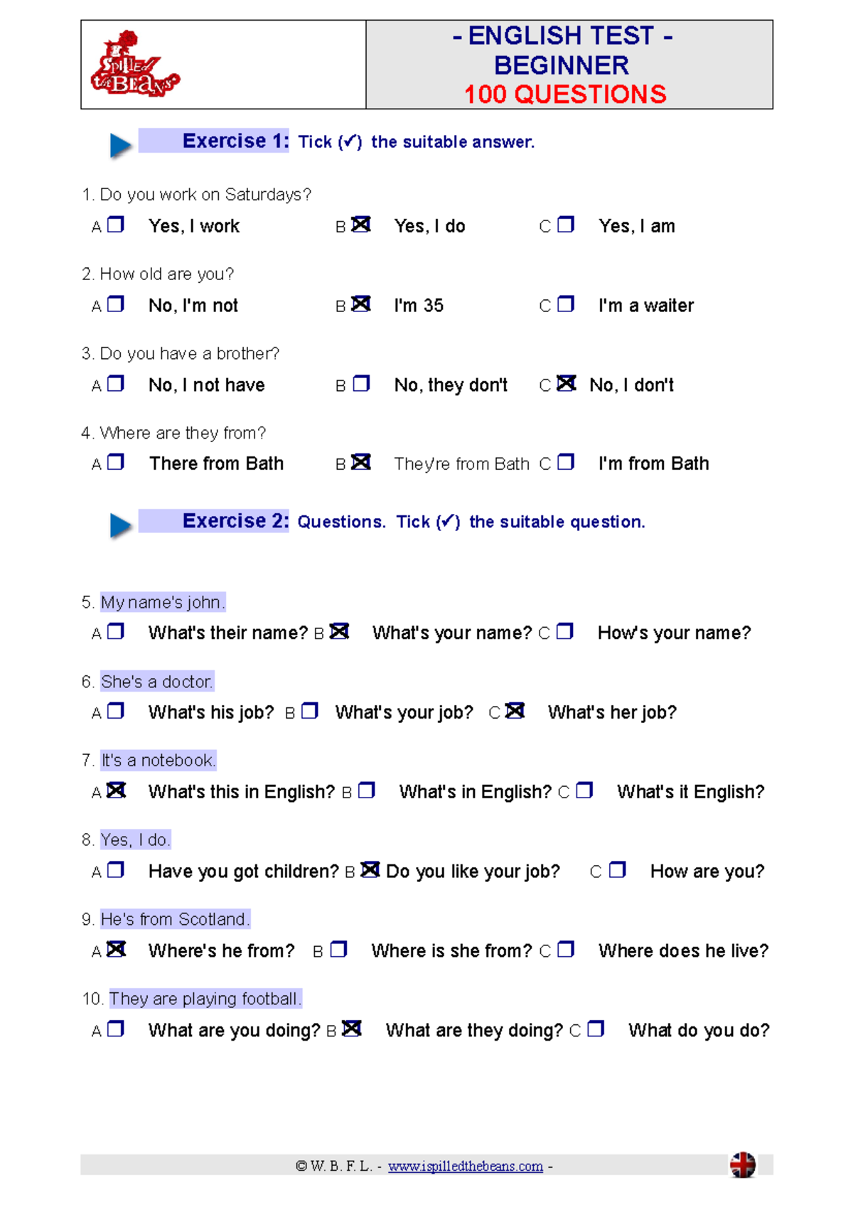 Begginer TEST prueba de ingles BEGINNER 100 QUESTIONS Exercise 1 Tick (P) the suitable