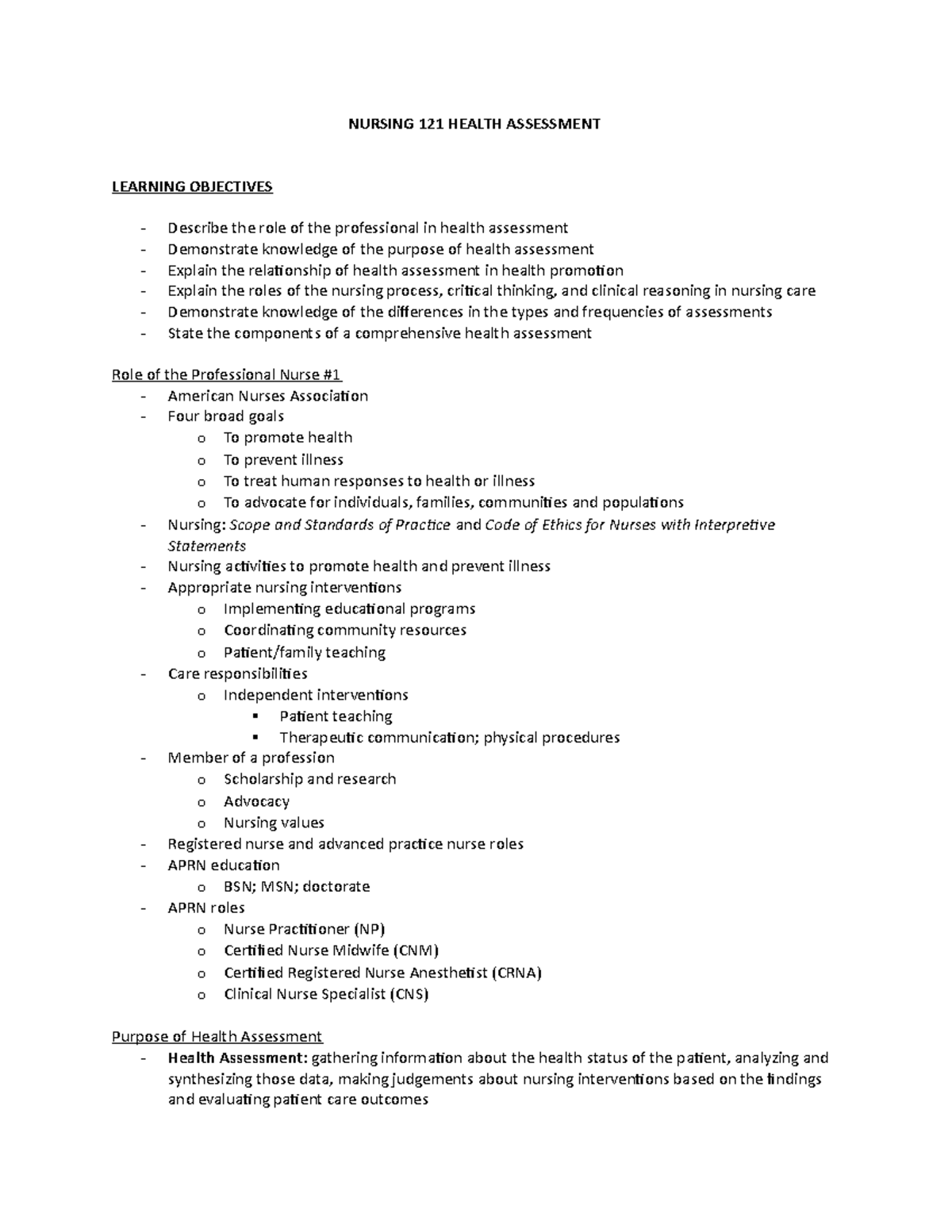 Role of the Nurse in Assessment - NURSING 121 HEALTH ASSESSMENT ...