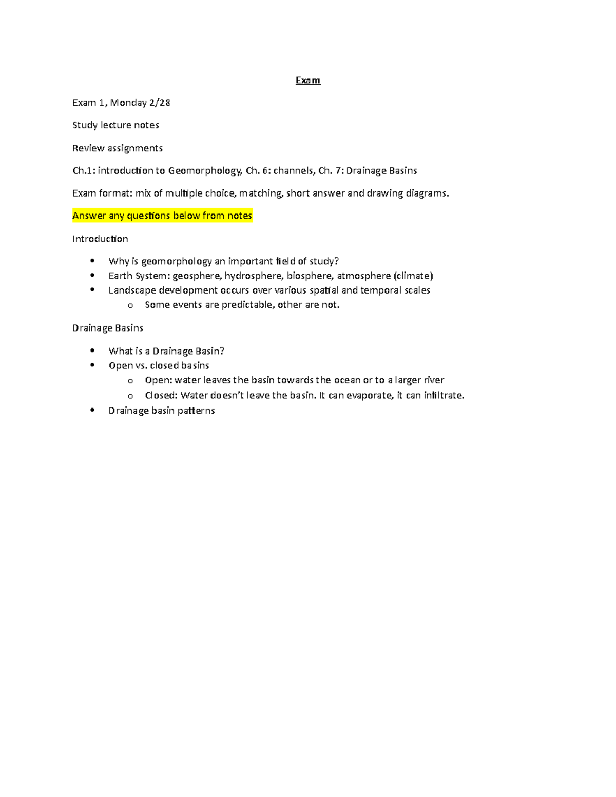 Exam Notes - Has list of subjects on exam - Exam Exam 1, Monday 2 ...
