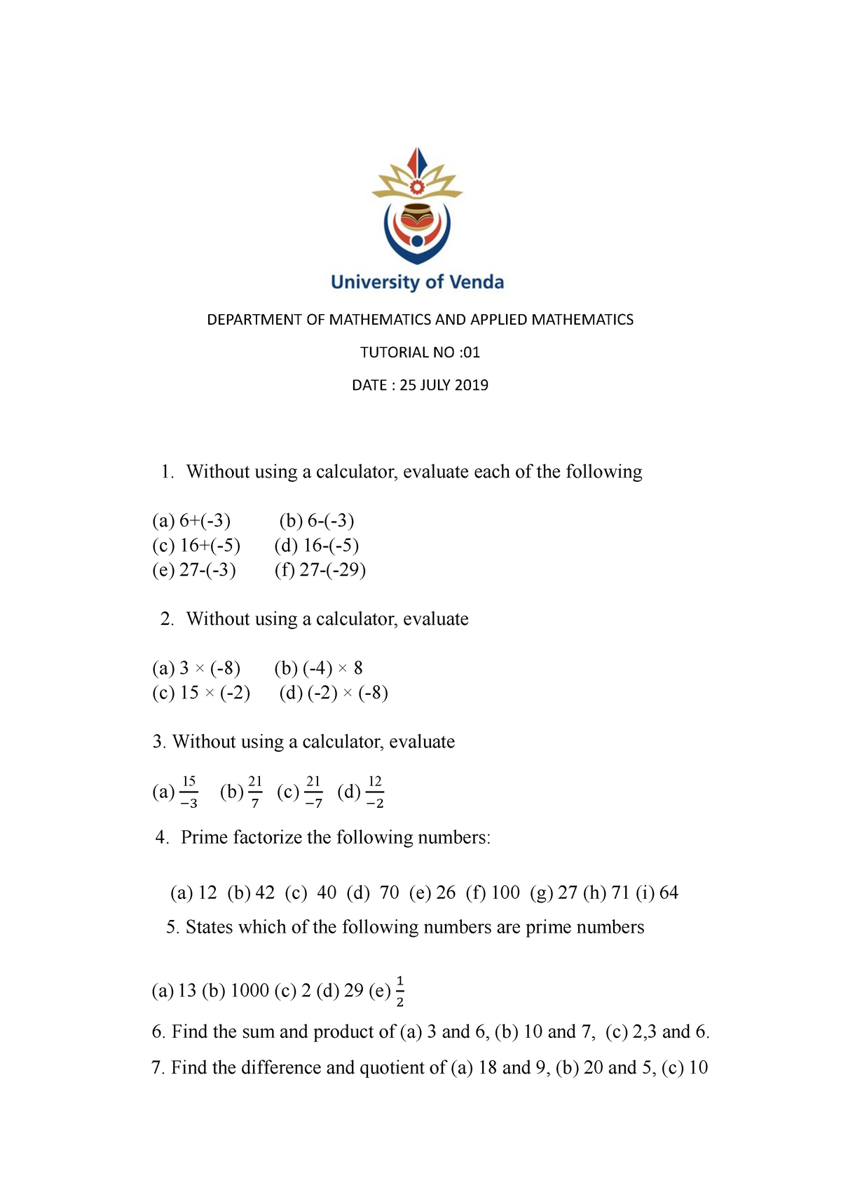 Tutorial 1 - DEPARTMENT OF MATHEMATICS AND APPLIED MATHEMATICS TUTORIAL ...