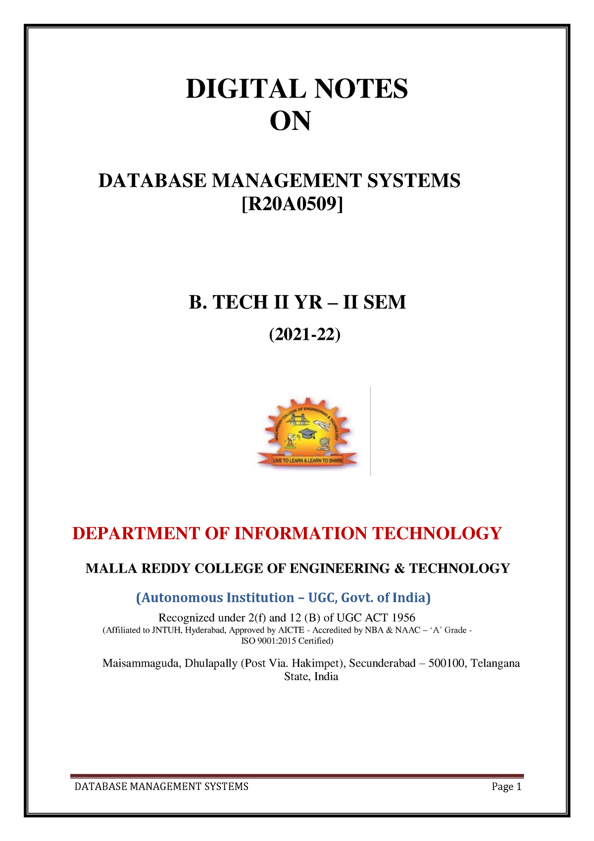 Database Management Systems - DIGITAL NOTES ON DATABASE MANAGEMENT ...