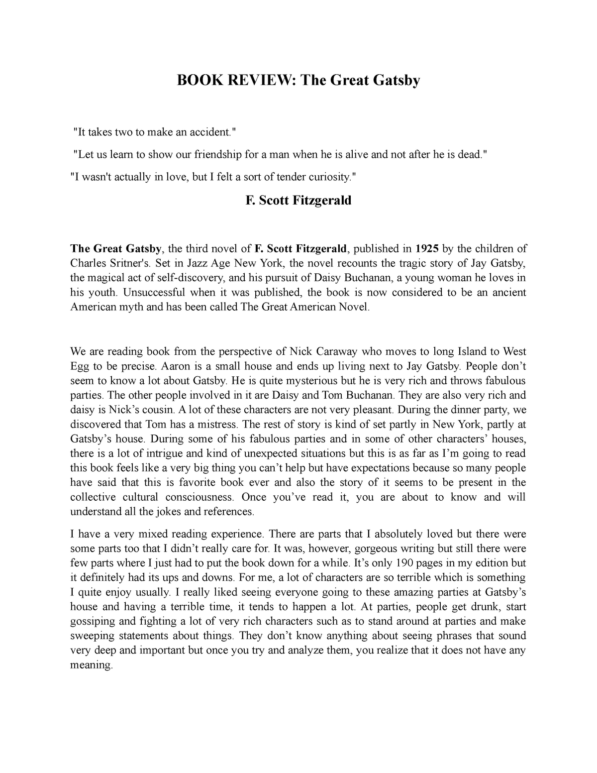 the great gatsby book review essay
