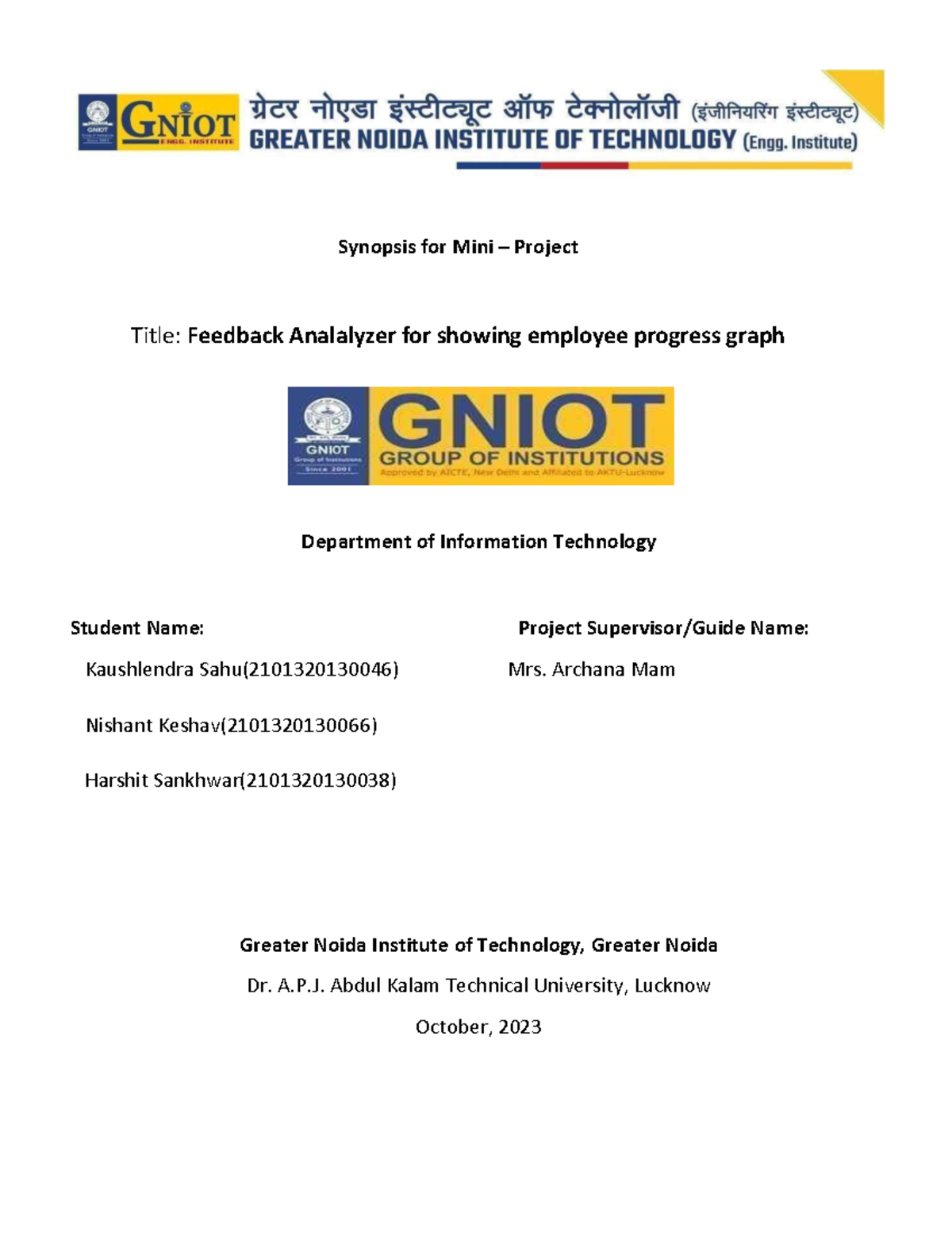 Mini project (Kaushlendra)G4 - Synopsis for Mini – Project Title ...