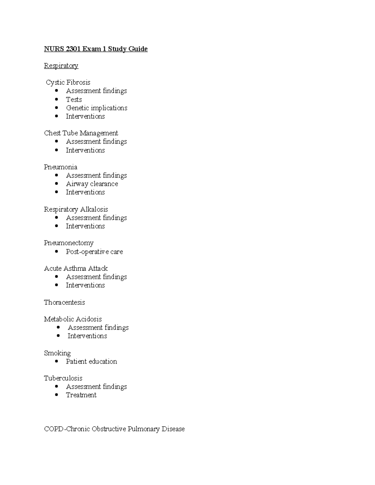 Exam 1 Study Guide - NURS 2301 Exam 1 Study Guide Respiratory Cystic ...