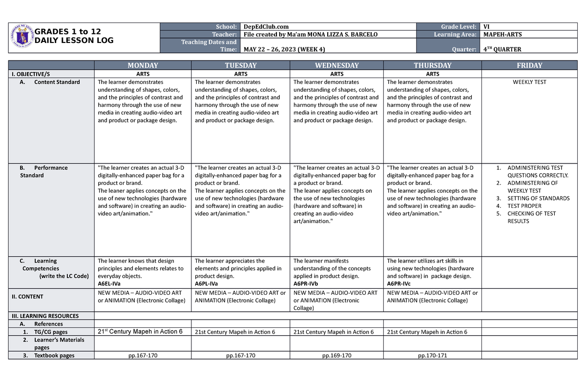 DLL Mapeh 6 Q4 W4 - GRADES 1 to 12 DAILY LESSON LOG School: DepEdClub ...