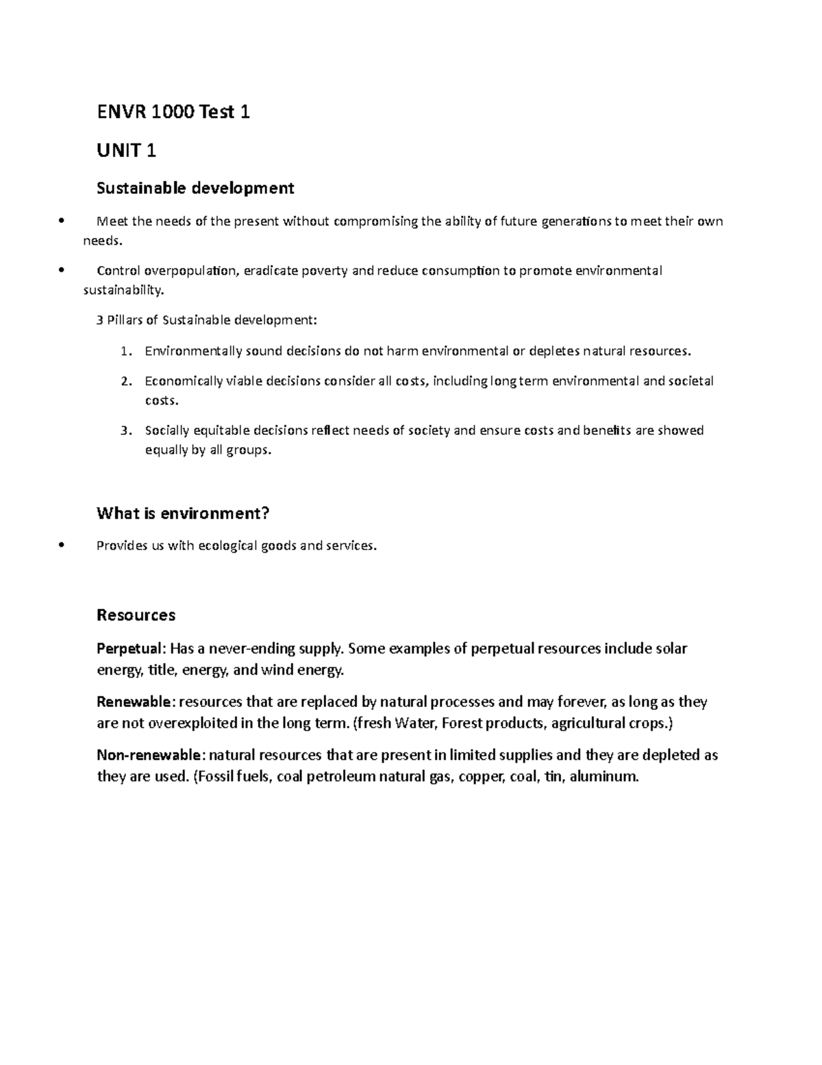 ENVR 1000 Test 1 Notes - Study Material For Test 1, In Prep For Test ...