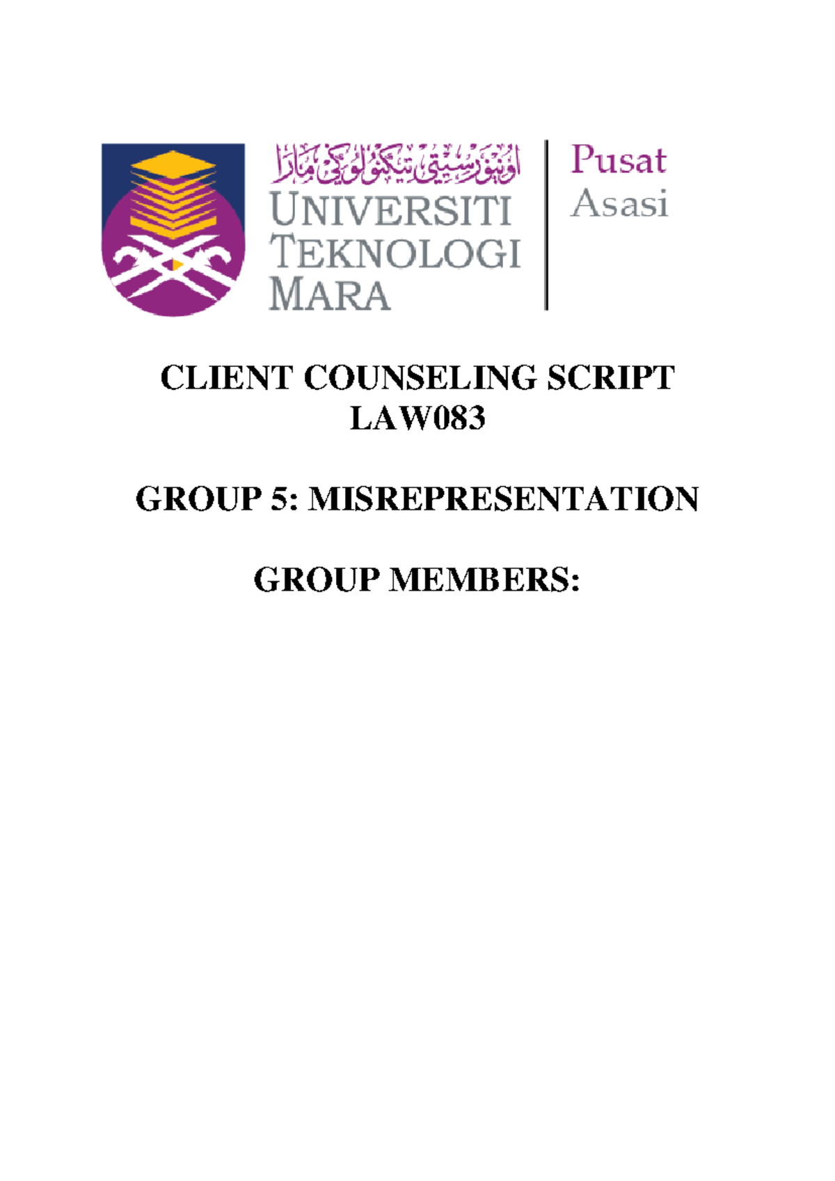 Cc 083 - CLIENT COUNSELING SCRIPT LAW GROUP 5: MISREPRESENTATION GROUP ...