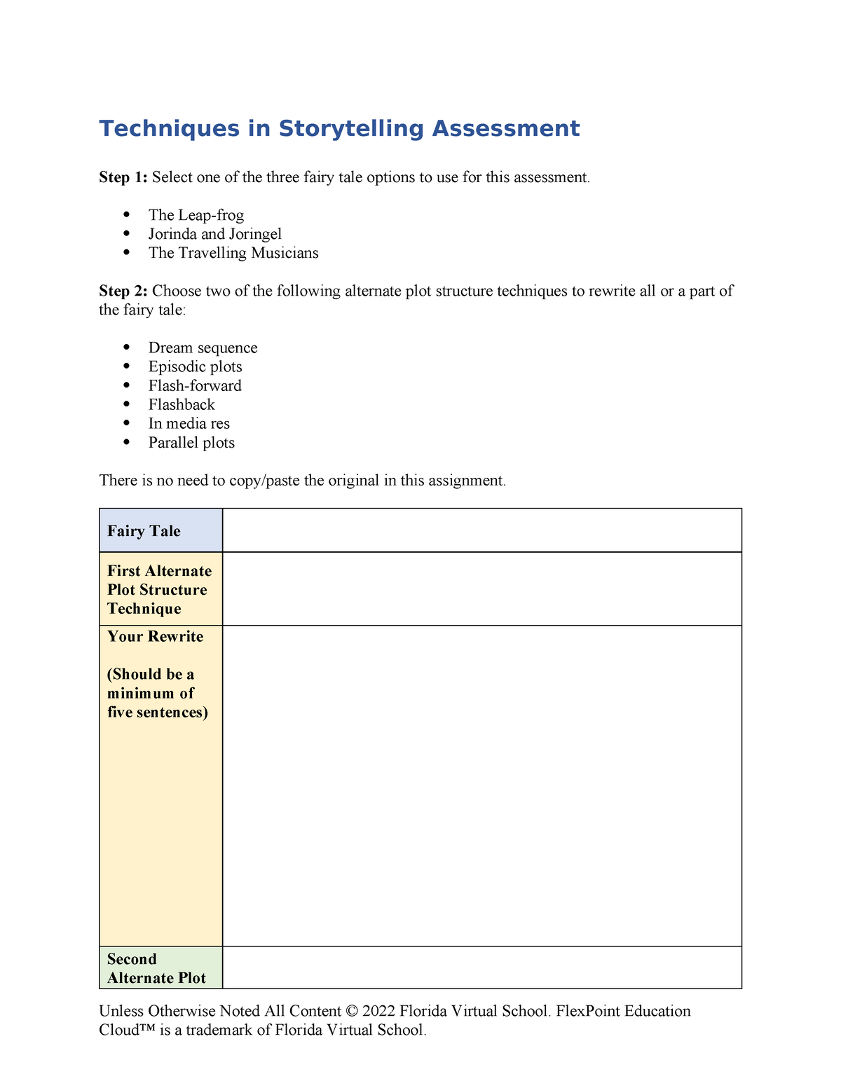 Storytelling assess rubric - Techniques in Storytelling Assessment Step ...