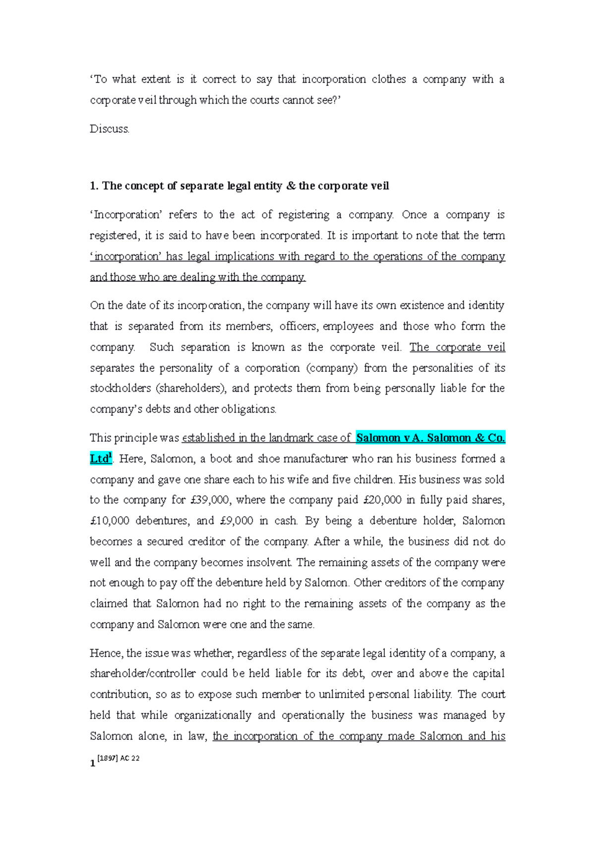 ASSO 1 Concept Of Separate Legal Entity To What Extent Is It Correct 