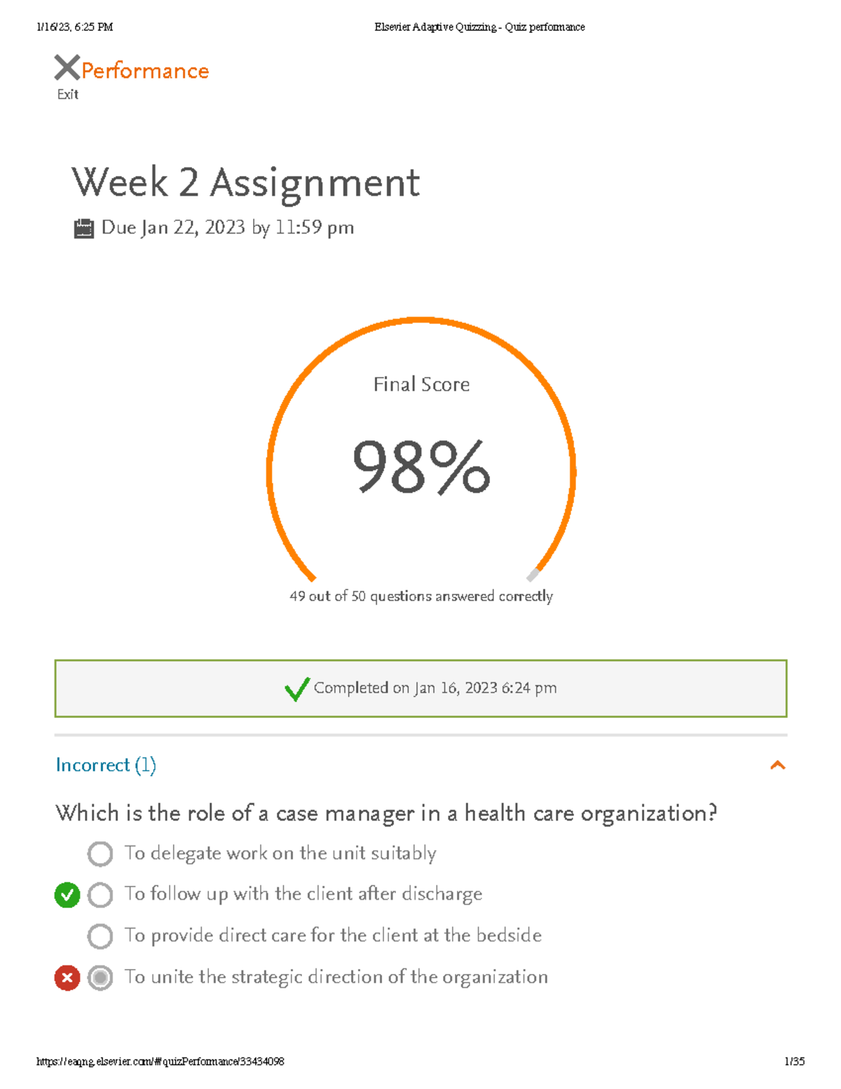 Elsevier Adaptive Quizzing - Quiz Mine Week 2 - Exit Performance Week 2 ...