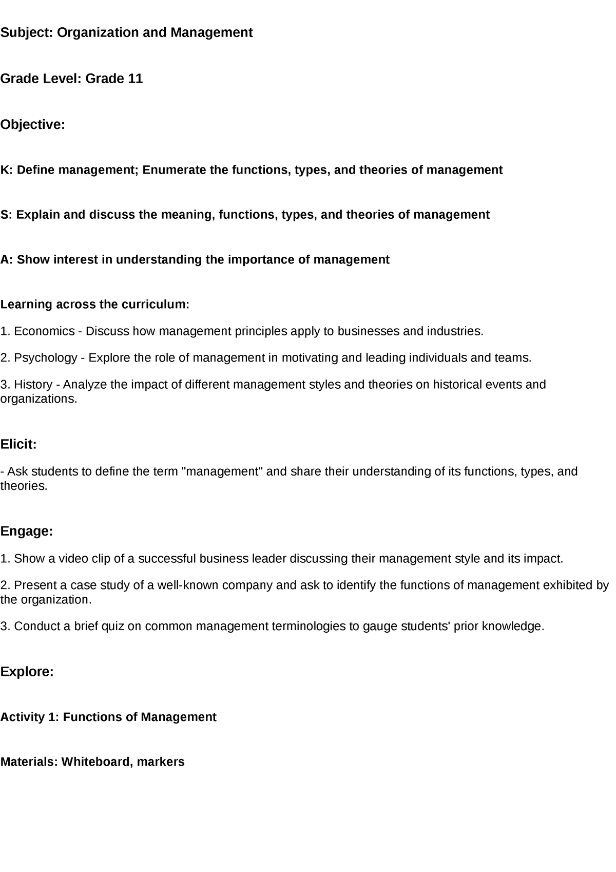 Lesson plan - Subject: Organization and Management Grade Level: Grade ...