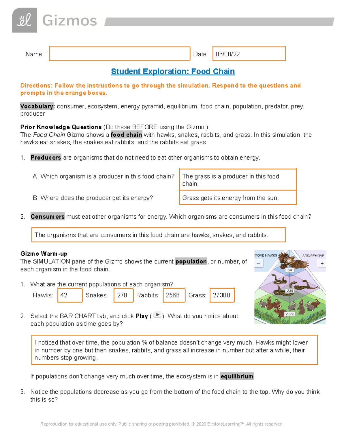 Gizmo - Food Chain - Name: Date: 06/08/ Student Exploration: Food Chain ...