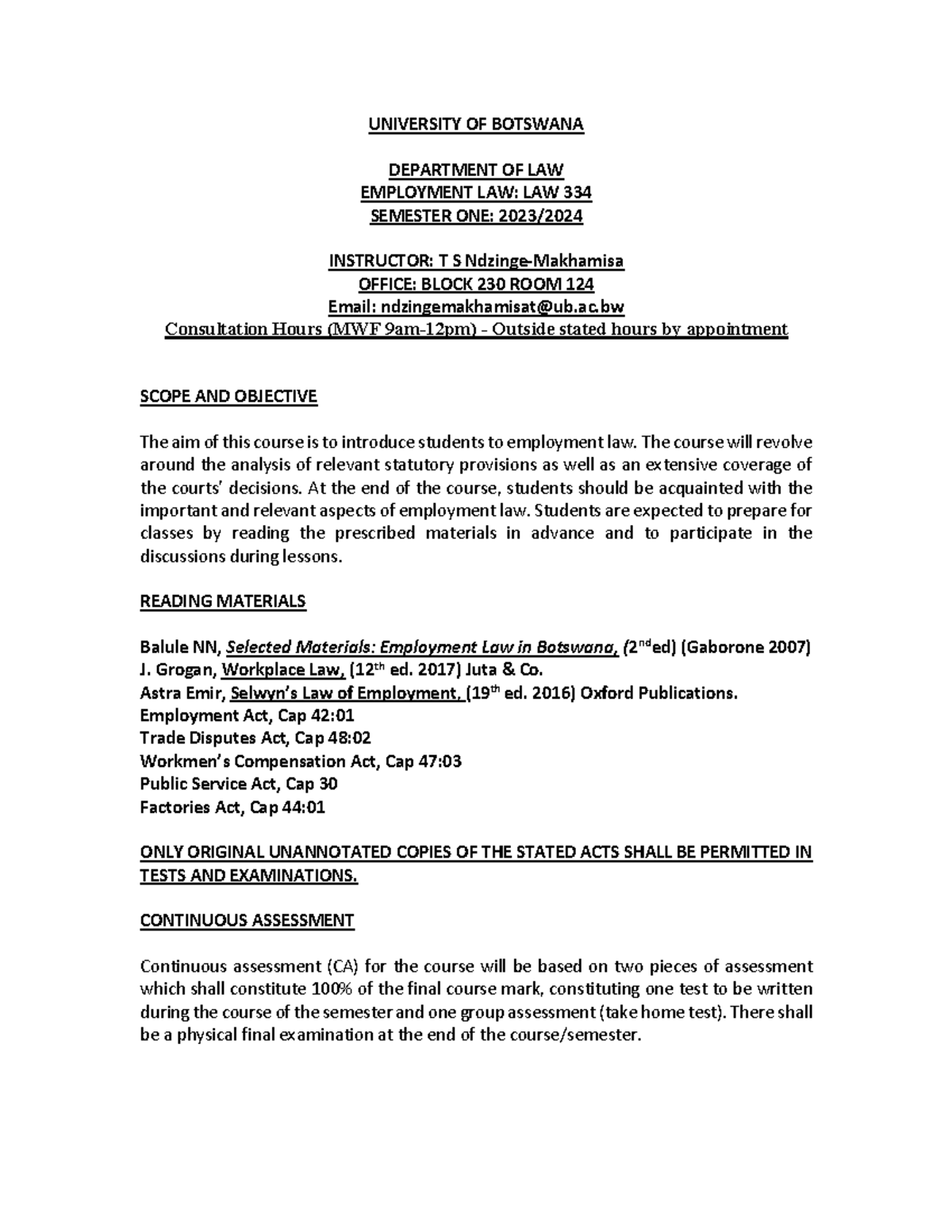 334 - course outline 2023 - 2024 - UNIVERSITY OF BOTSWANA DEPARTMENT OF